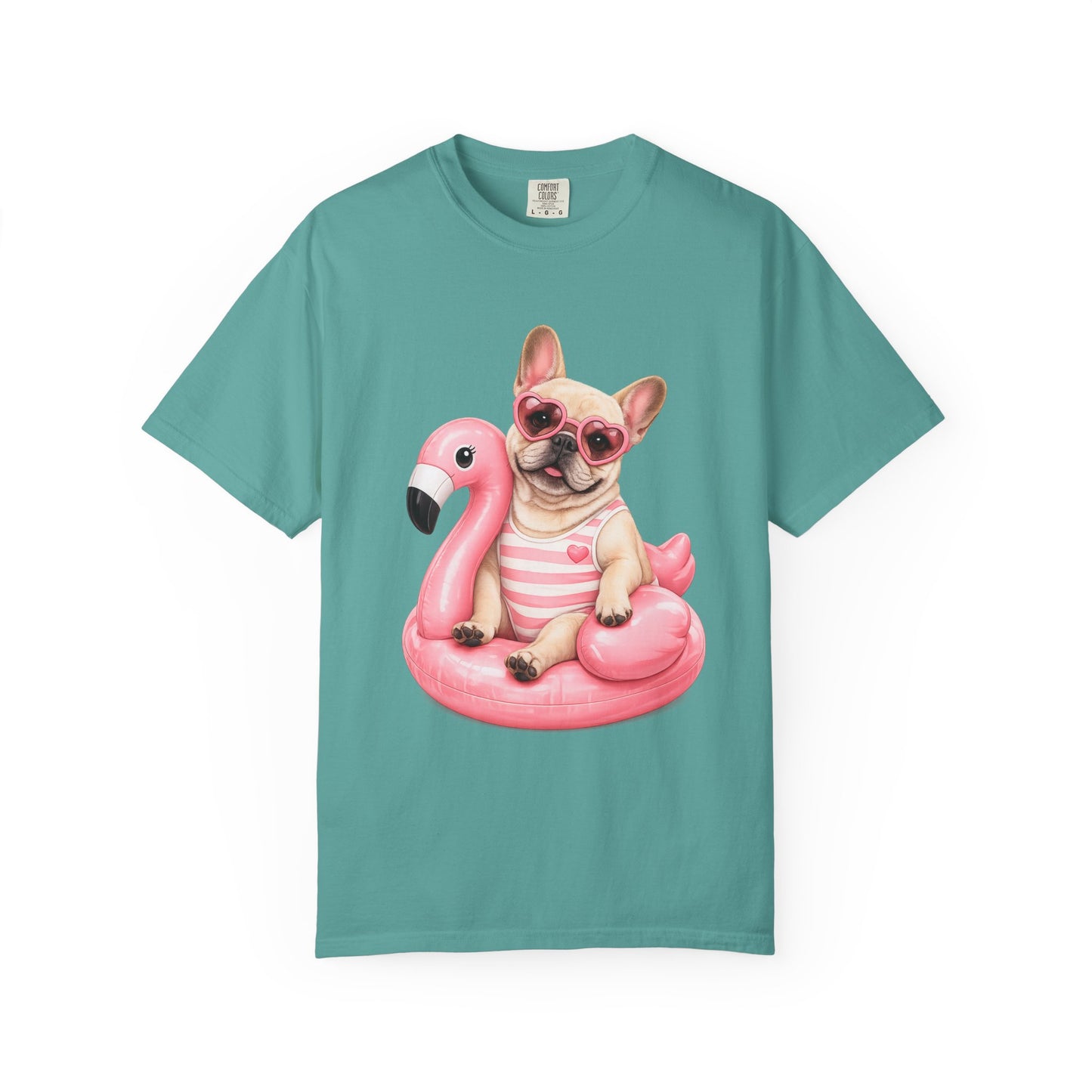 French Bulldog on Pink Flamingo Float T-Shirt — Cute Summer Dog Tee