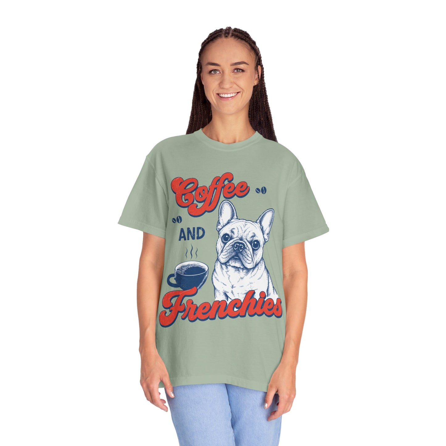 Coffee and Frenchies Shirt, French Bulldog Coffee Tee, Frenchie Lover T-Shirt, Dog Mom Coffee Shirt, Cute French Bulldog Graphic Tee, Coffee Lover Gift