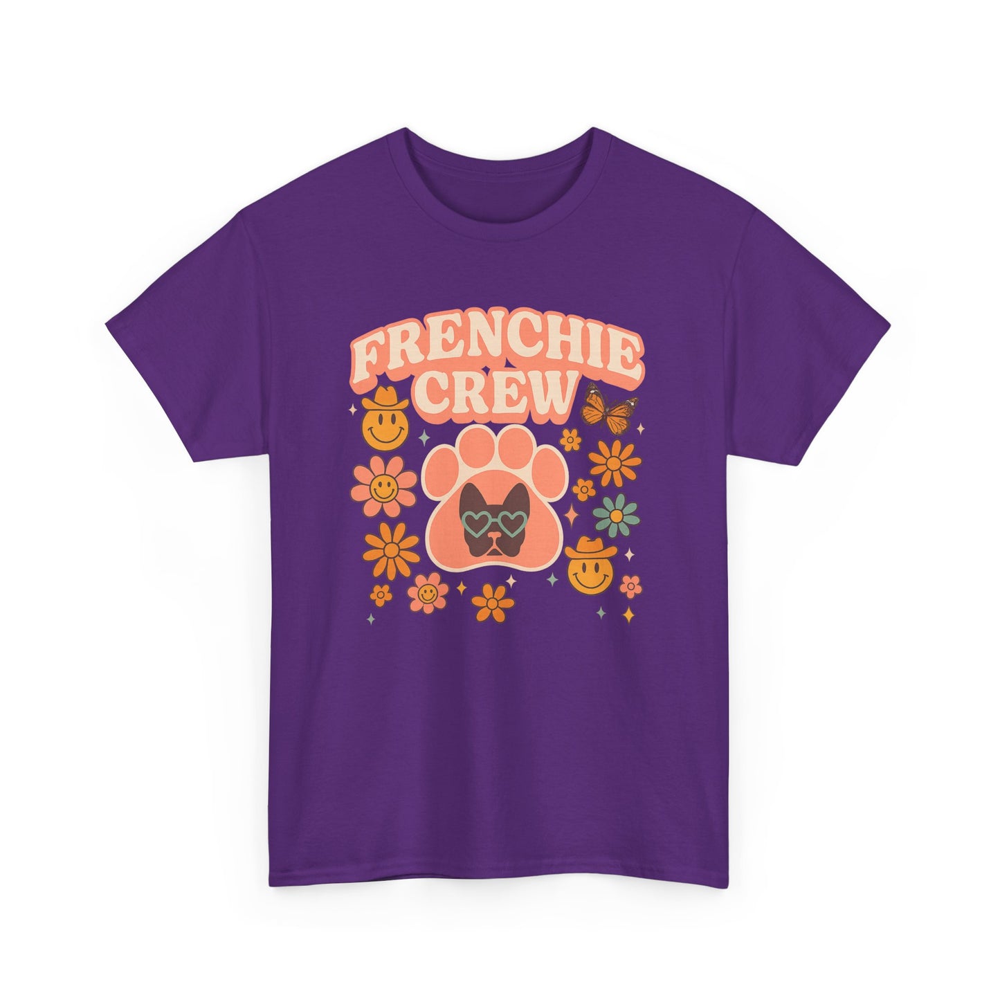 Frenchie Crew T-Shirt | Retro 70s Floral French Bulldog Tee | Groovy Dog Mom Shirt | Frenchie Lover Gift | Vintage Aesthetic Graphic Tee