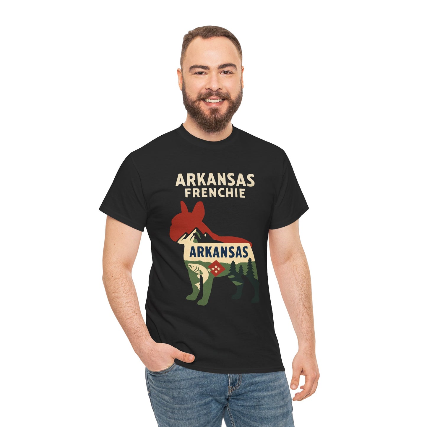 Arkansas Frenchie T-Shirt – French Bulldog State Pride Tee, Retro Arkansas Dog Lover Shirt, Nature Hiking Frenchie Gift