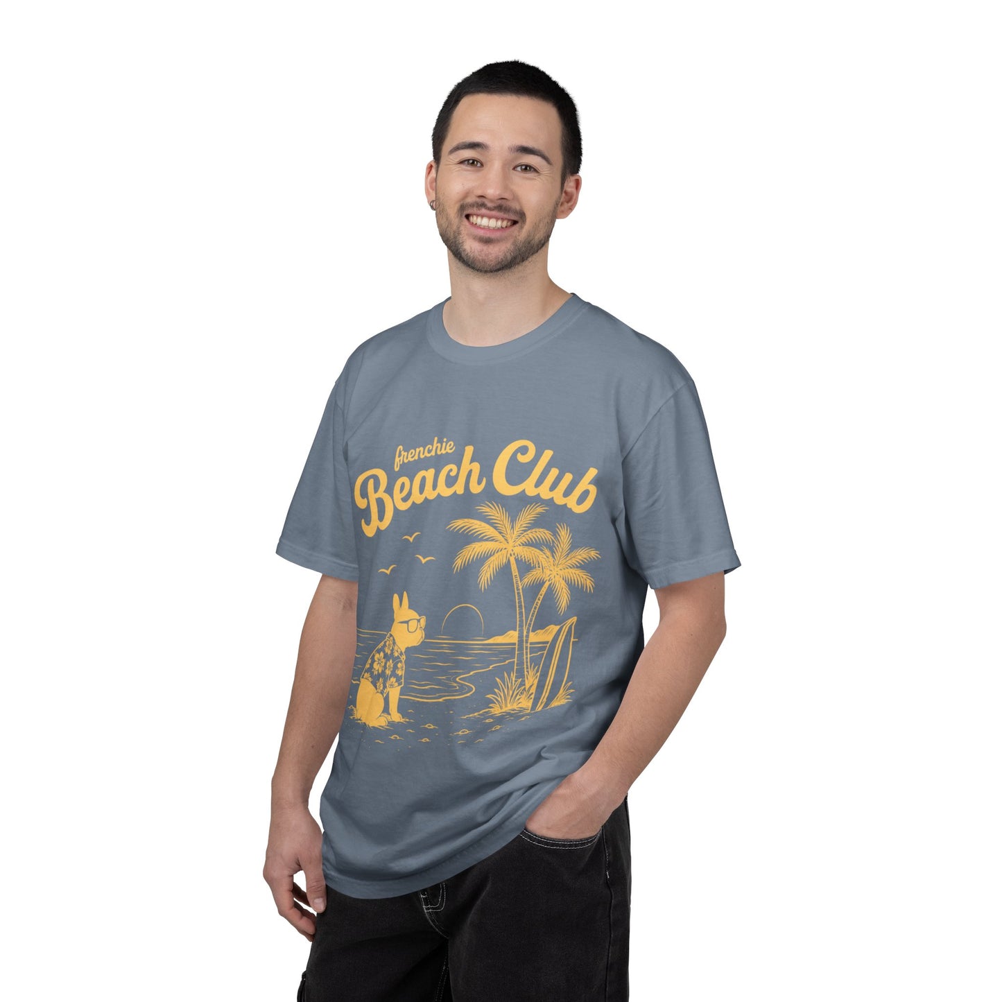 Frenchie Beach Club T-Shirt — Cute French Bulldog Surfing Palm Beach Tee