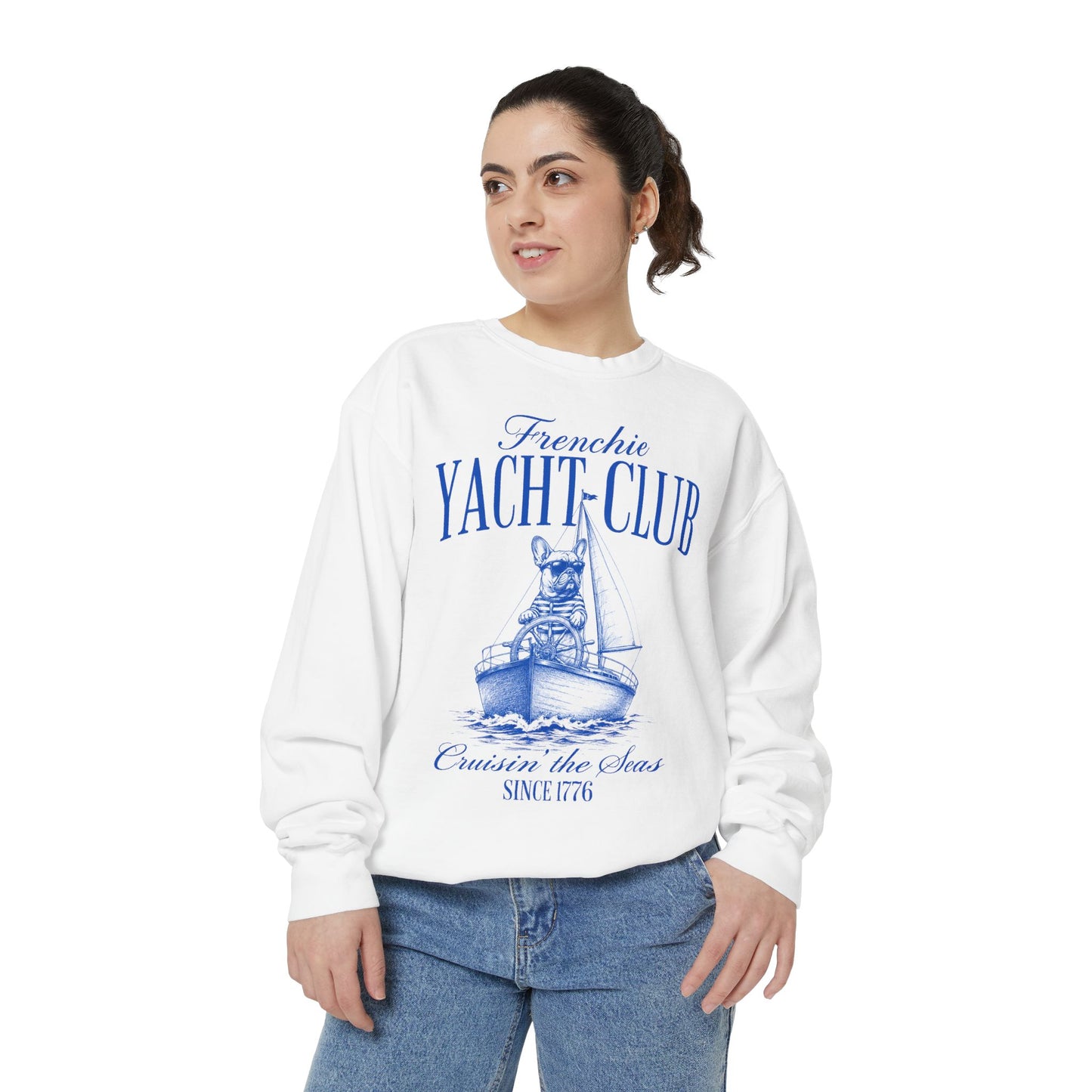 Frenchie Yacht Club Sweatshirt, French Bulldog Nautical Crewneck, Coastal Dog Lover Sweatshirt, Sailing Frenchie Pullover, Beach Club French Bulldog Gift, Preppy Yacht Club Sweatshirt