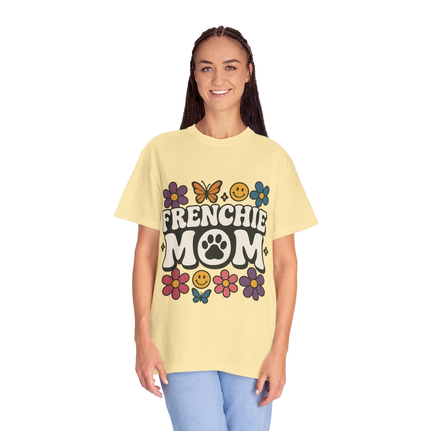 Frenchie Mom T-Shirt | Retro Groovy Dog Lover Tee | Smiley Flower French Bulldog Shirt | Cute Colorful Frenchie Gift for Her