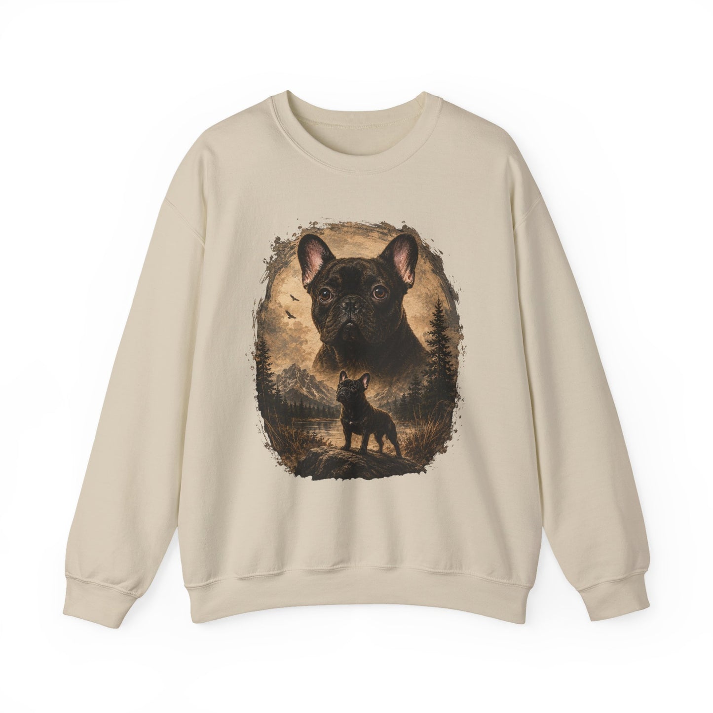 Black French Bulldog Sweatshirt, Rustic Frenchie Crewneck, Vintage Nature French Bulldog Sweatshirt, Dog Lover Gift, Black Frenchie Pullover, Camping Sweatshirt, Cozy Dog Apparel
