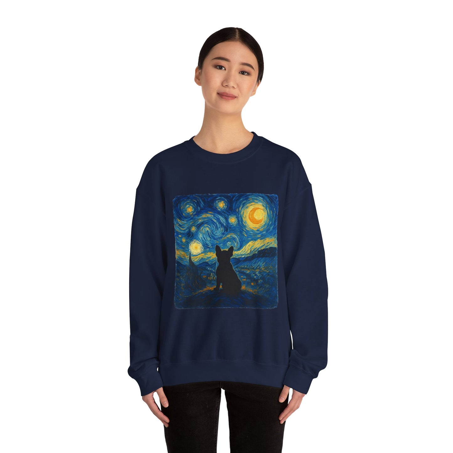 Starry Night Frenchie Sweatshirt – Van Gogh Inspired French Bulldog Art Crewneck, Cozy Dog Lover Gift, Retro Frenchie Sweater
