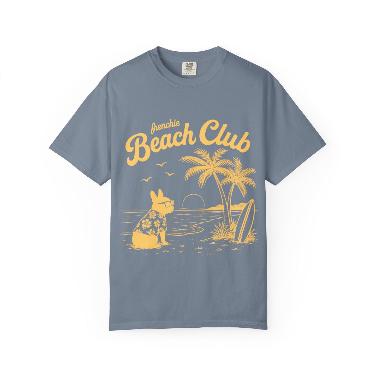 Frenchie Beach Club T-Shirt — Cute French Bulldog Surfing Palm Beach Tee