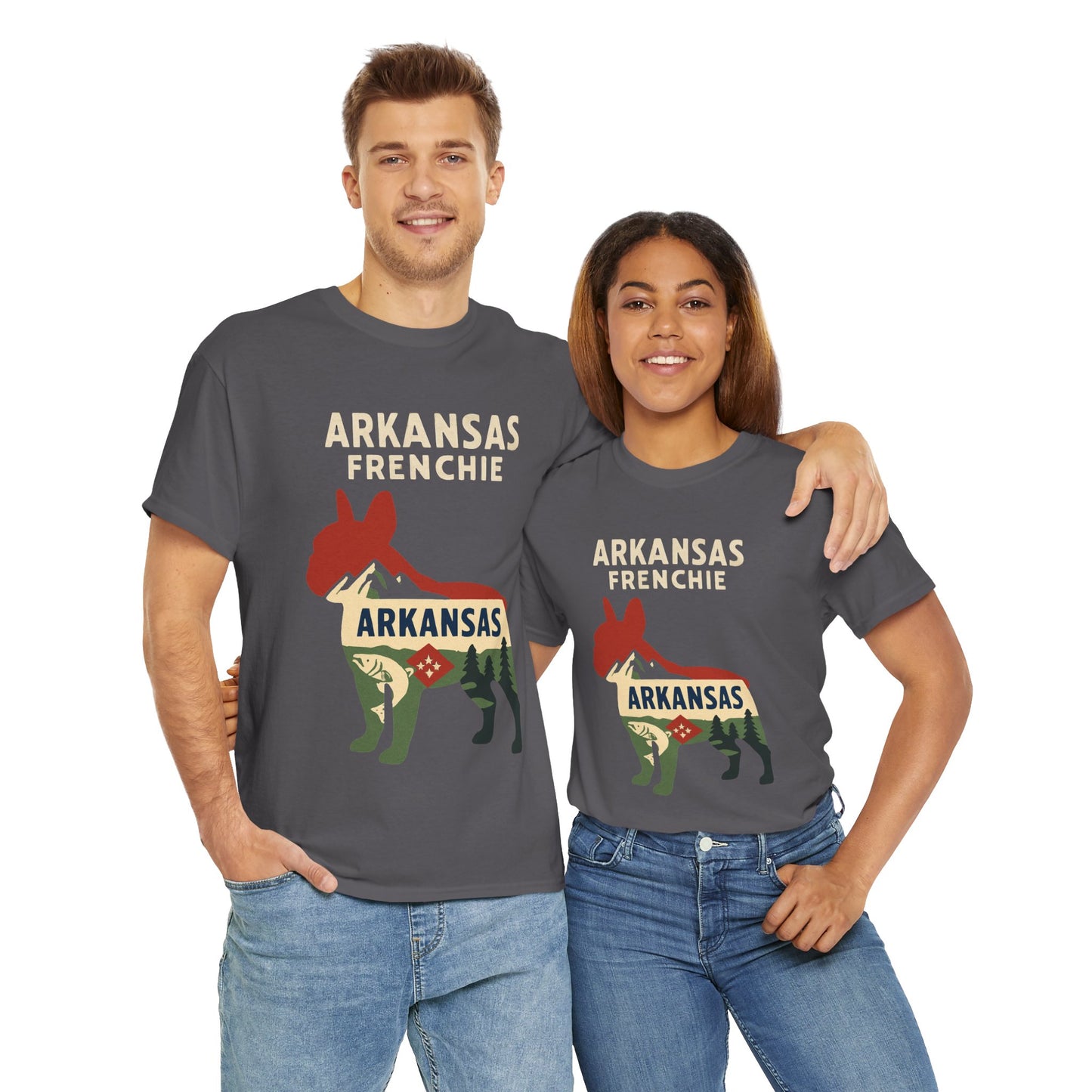 Arkansas Frenchie T-Shirt – French Bulldog State Pride Tee, Retro Arkansas Dog Lover Shirt, Nature Hiking Frenchie Gift