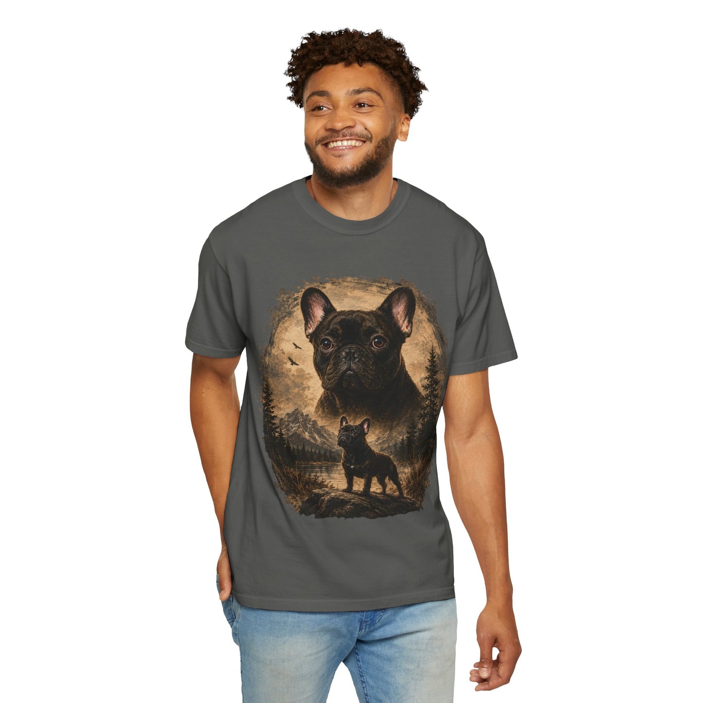 Black French Bulldog Shirt, Vintage Frenchie Nature Tee, Rustic French Bulldog Shirt, Dog Lover Gift, Frenchie Mountain Landscape Tee, Outdoors Dog Shirt, French Bulldog Art