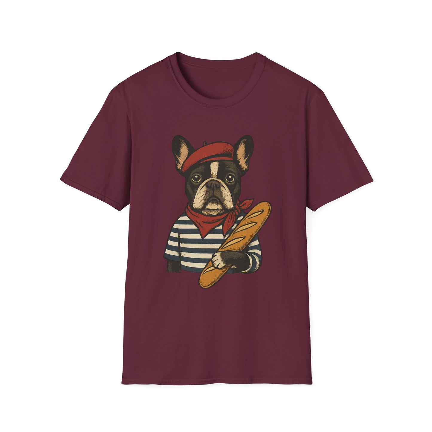 French Bulldog Parisian T-Shirt – Cute Frenchie in Beret & Stripes with Baguette – Funny Dog Lover Tee, French Style Dog Shirt, Gift for Frenchie Moms