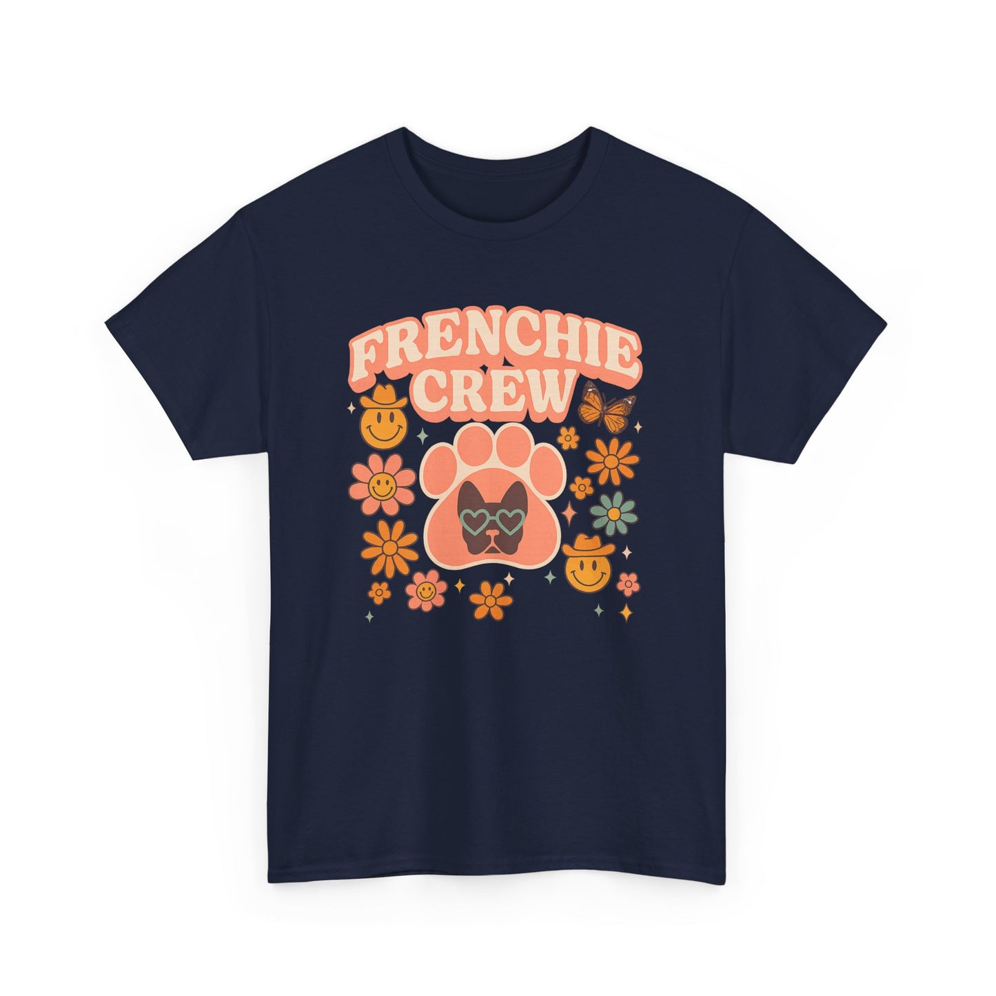 Frenchie Crew T-Shirt | Retro 70s Floral French Bulldog Tee | Groovy Dog Mom Shirt | Frenchie Lover Gift | Vintage Aesthetic Graphic Tee
