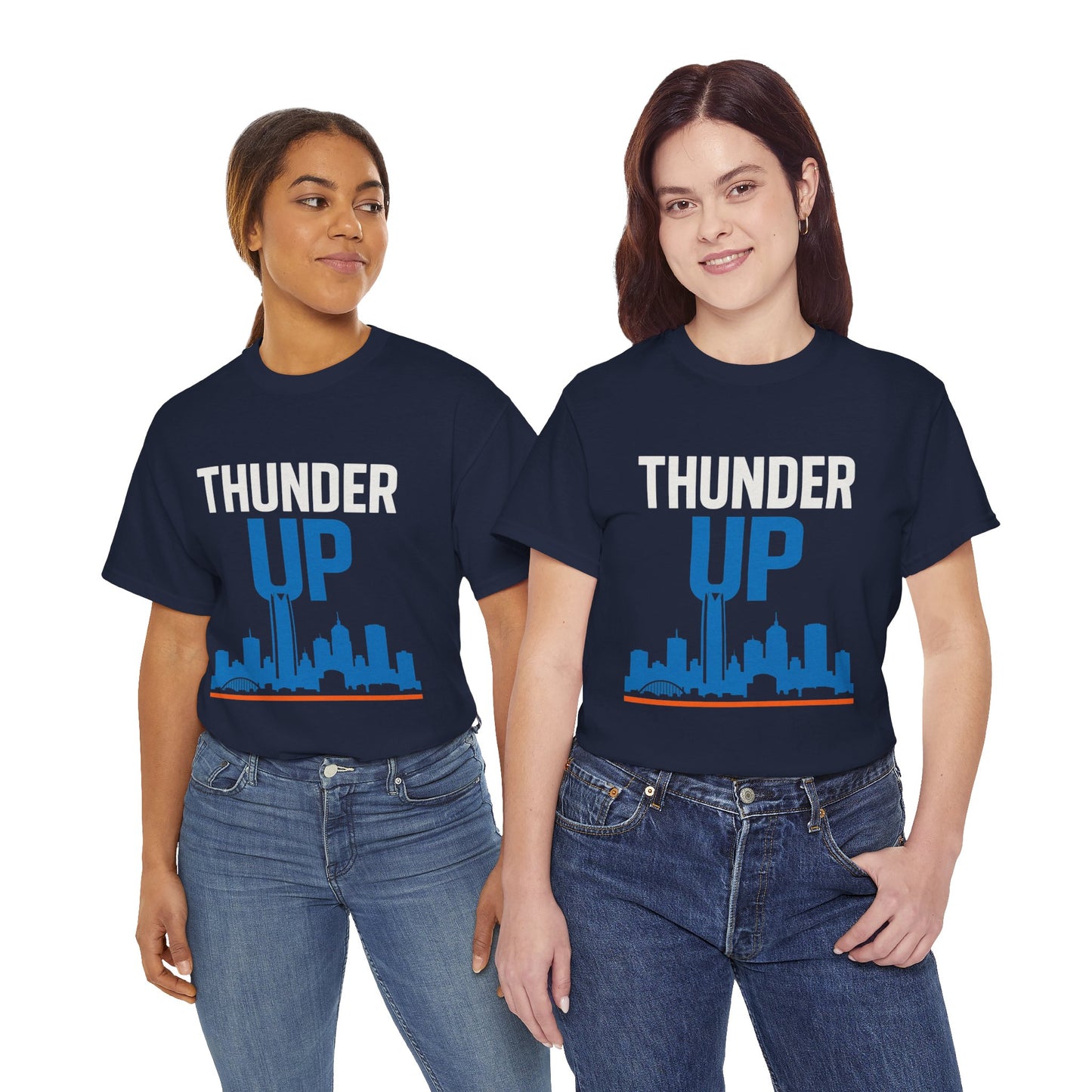 Thunder Up Oklahoma City Skyline Shirt – OKC Basketball Fan Tee, Blue & Orange City Skyline Graphic, Oklahoma Hoops Spirit Wear, Game Day T-Shirt