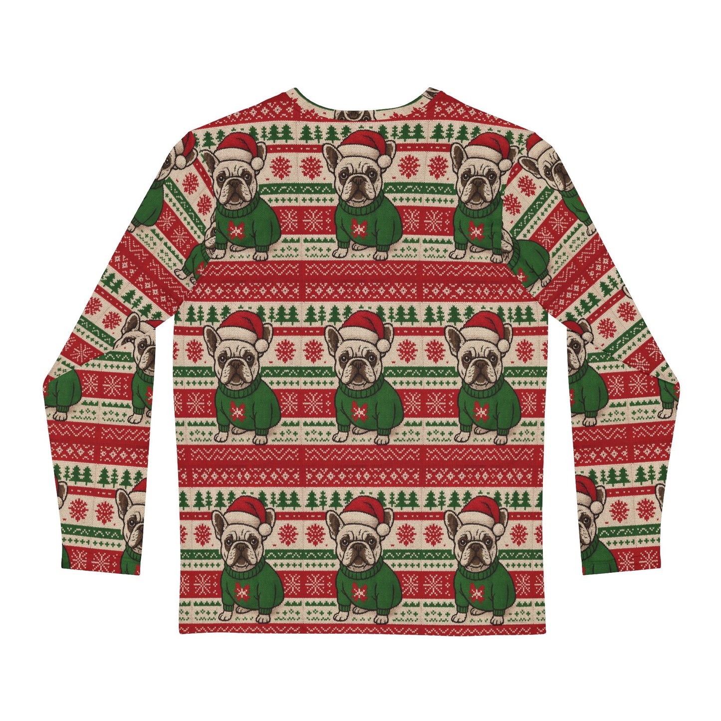 Frenchie Christmas All-Over Print Shirt – Funny Ugly Sweater Style Long Sleeve, Holiday French Bulldog Shirt, Festive Dog Lover Gift