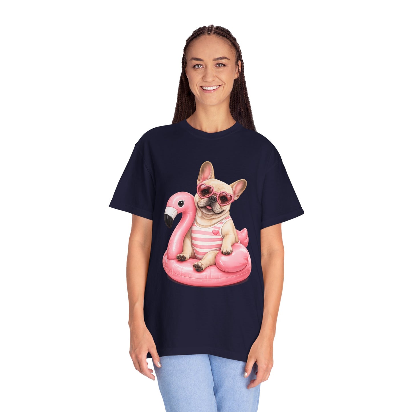 French Bulldog on Pink Flamingo Float T-Shirt — Cute Summer Dog Tee