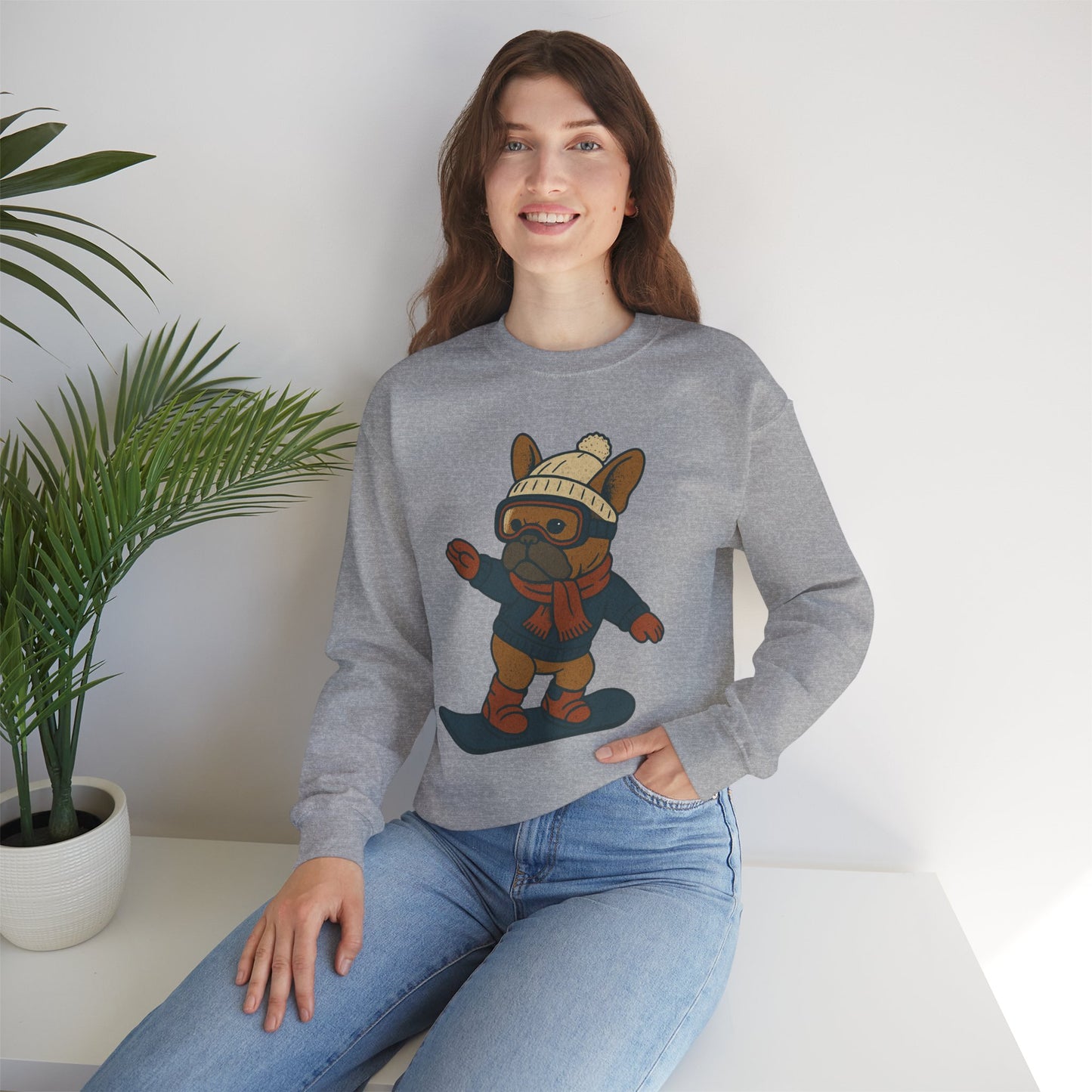 Snowboarding Frenchie Sweatshirt – Cute French Bulldog Winter Sweater, Snowboard Dog Pullover, Cozy Holiday Ski Dog Crewneck, Frenchie Lover Gift