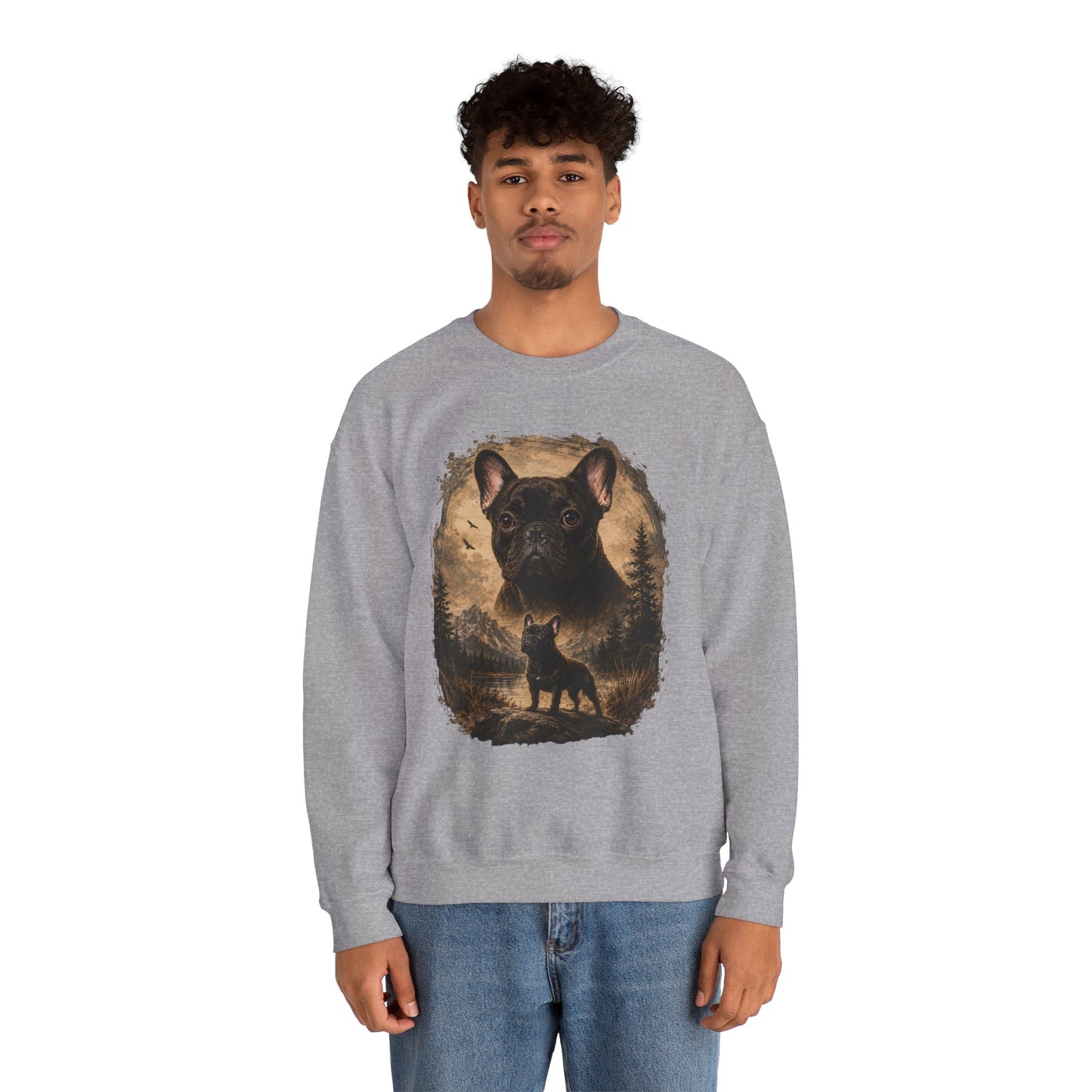 Black French Bulldog Sweatshirt, Rustic Frenchie Crewneck, Vintage Nature French Bulldog Sweatshirt, Dog Lover Gift, Black Frenchie Pullover, Camping Sweatshirt, Cozy Dog Apparel