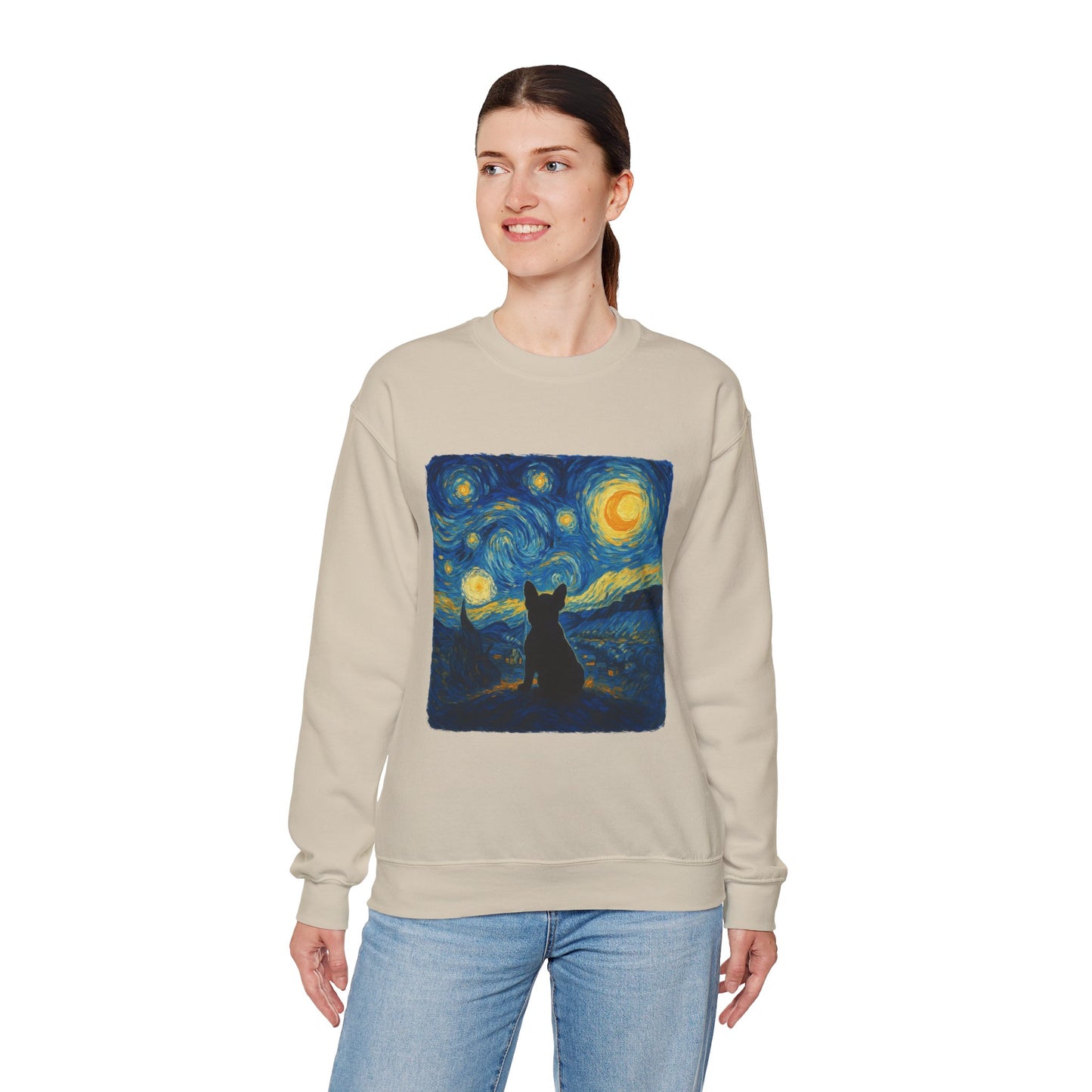 Starry Night Frenchie Sweatshirt – Van Gogh Inspired French Bulldog Art Crewneck, Cozy Dog Lover Gift, Retro Frenchie Sweater