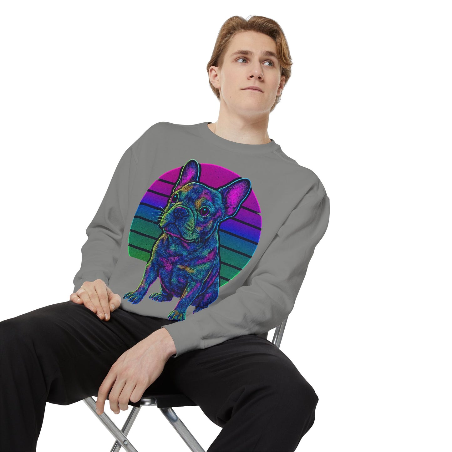 Neon French Bulldog Sweatshirt | Retro 80s Frenchie Pullover | Colorful Dog Lover Crewneck