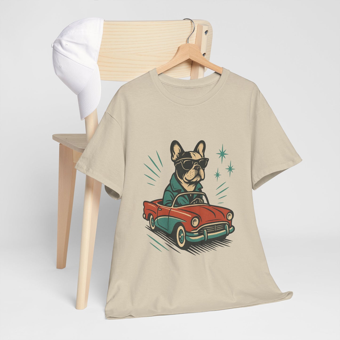 Rockabilly Frenchie T-Shirt | Retro French Bulldog Driving Tee | Vintage Car Dog Lover Shirt | Cool 50s Style Frenchie Graphic Tee
