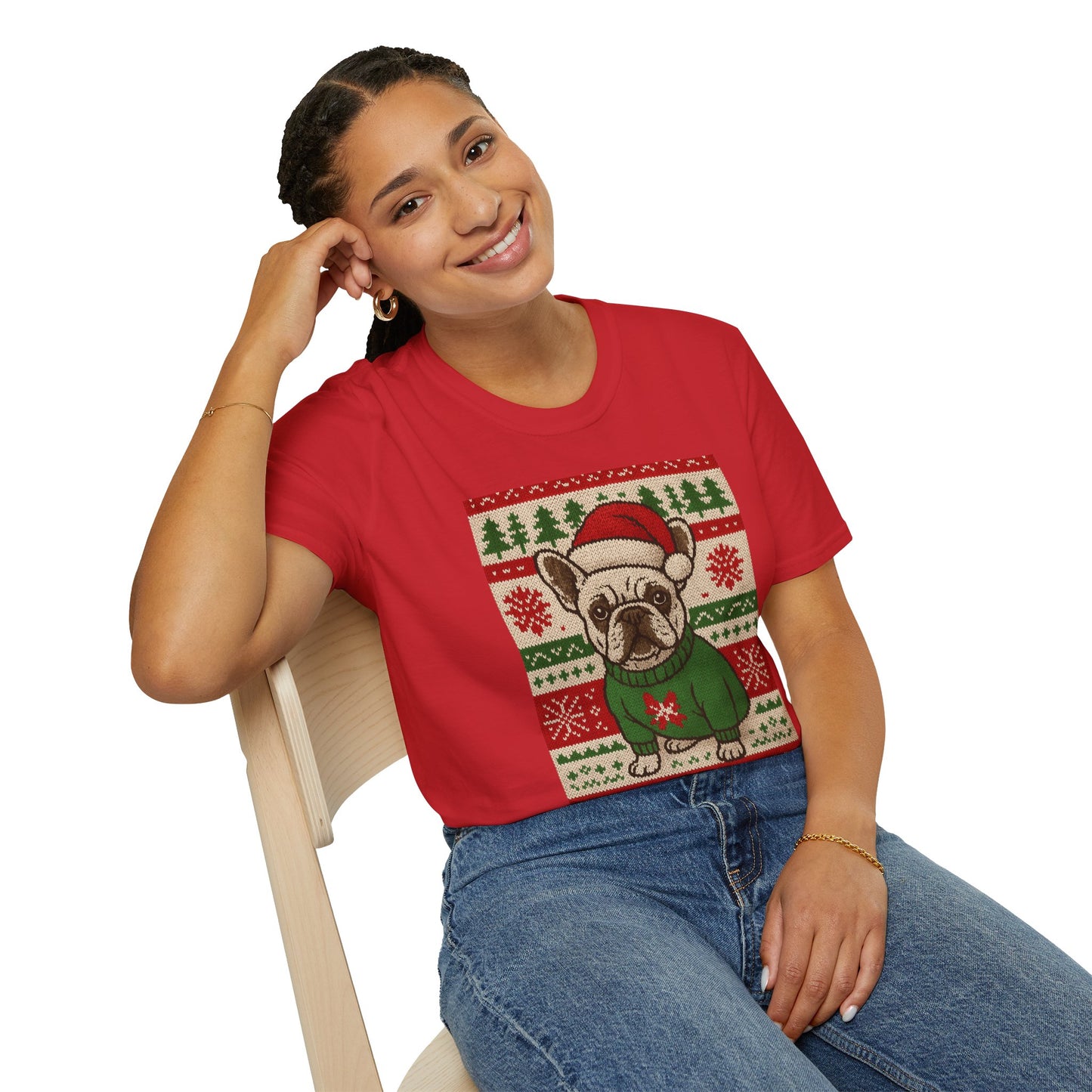 Frenchie Christmas T-Shirt – Cute French Bulldog Ugly Sweater Style Tee, Holiday Dog Lover Shirt, Funny Christmas Frenchie Gift