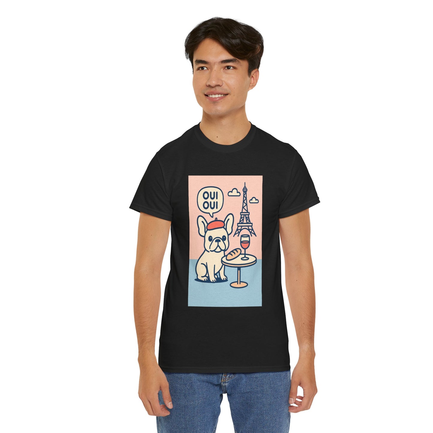 Oui Oui Frenchie Paris T-Shirt – Cute French Bulldog Café Tee, Paris Dog Lover Shirt, Beret & Baguette Graphic, French Bulldog Gift for Women & Men