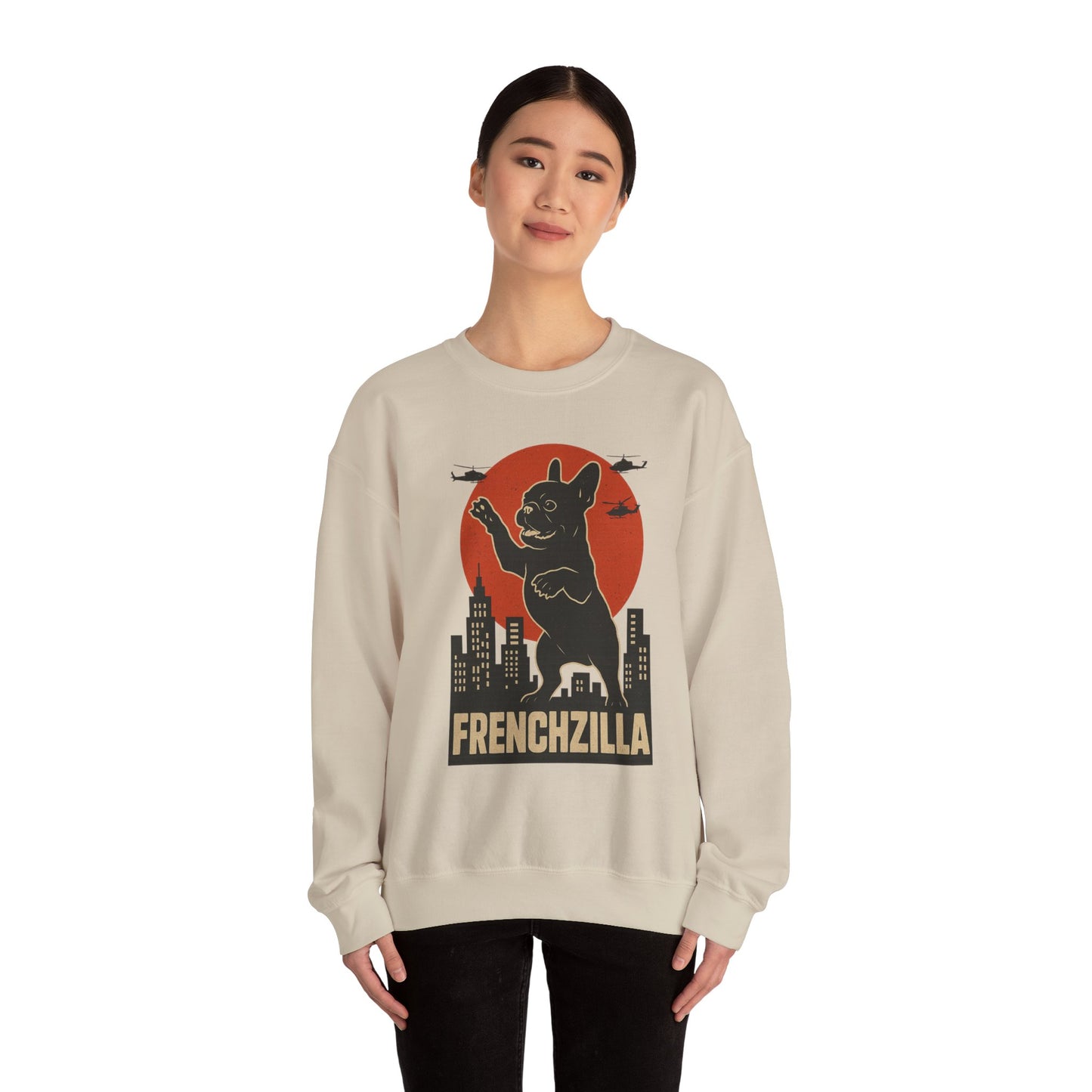 French Bulldogzilla Sweatshirt | Godzilla Inspired French Bulldog Graphic Tee | Retro Japanese Movie Style Dog Lover Shirt | Funny Frenchie Gift
