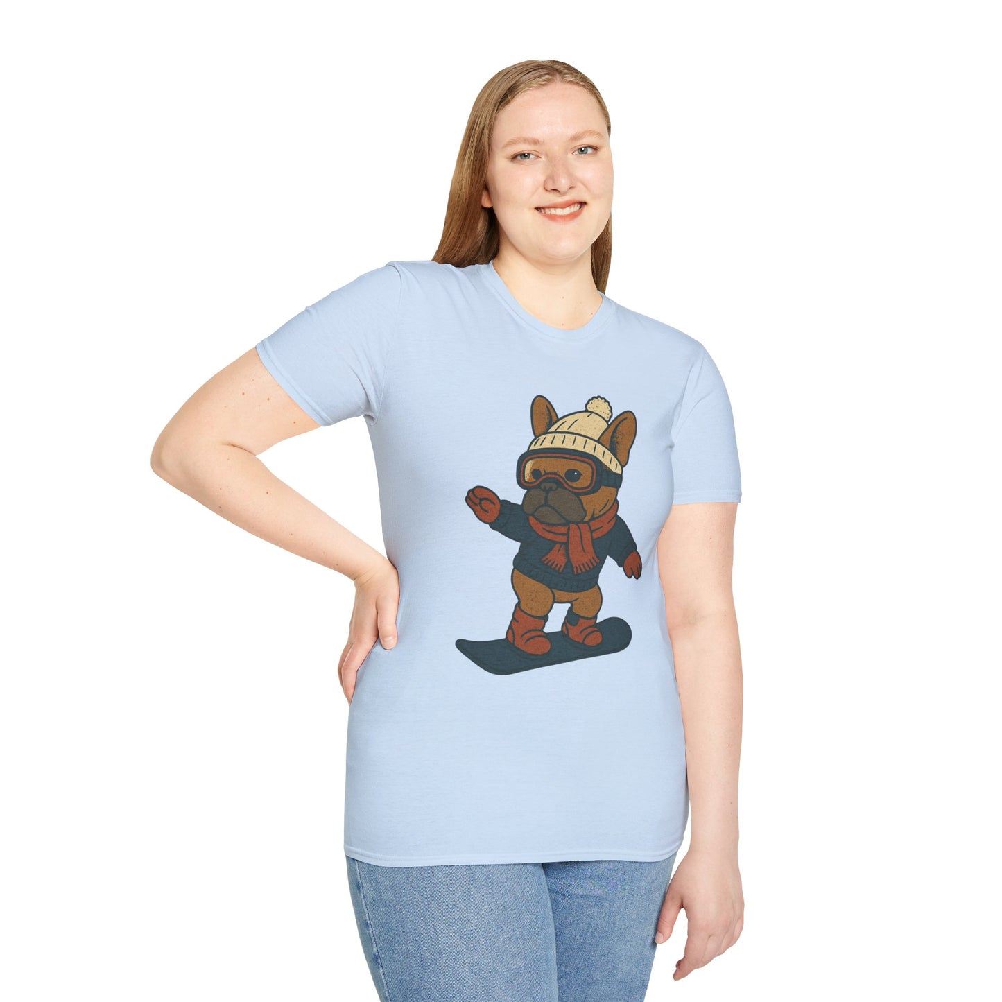 Snowboarding Frenchie T-Shirt | Cute Winter Dog Snowboard Tee | French Bulldog Snowboarder Shirt | Holiday Ski Resort Pup Graphic | Dog Lover Snow Sport Gift