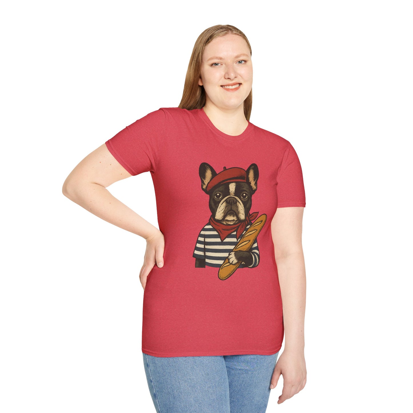 French Bulldog Parisian T-Shirt – Cute Frenchie in Beret & Stripes with Baguette – Funny Dog Lover Tee, French Style Dog Shirt, Gift for Frenchie Moms