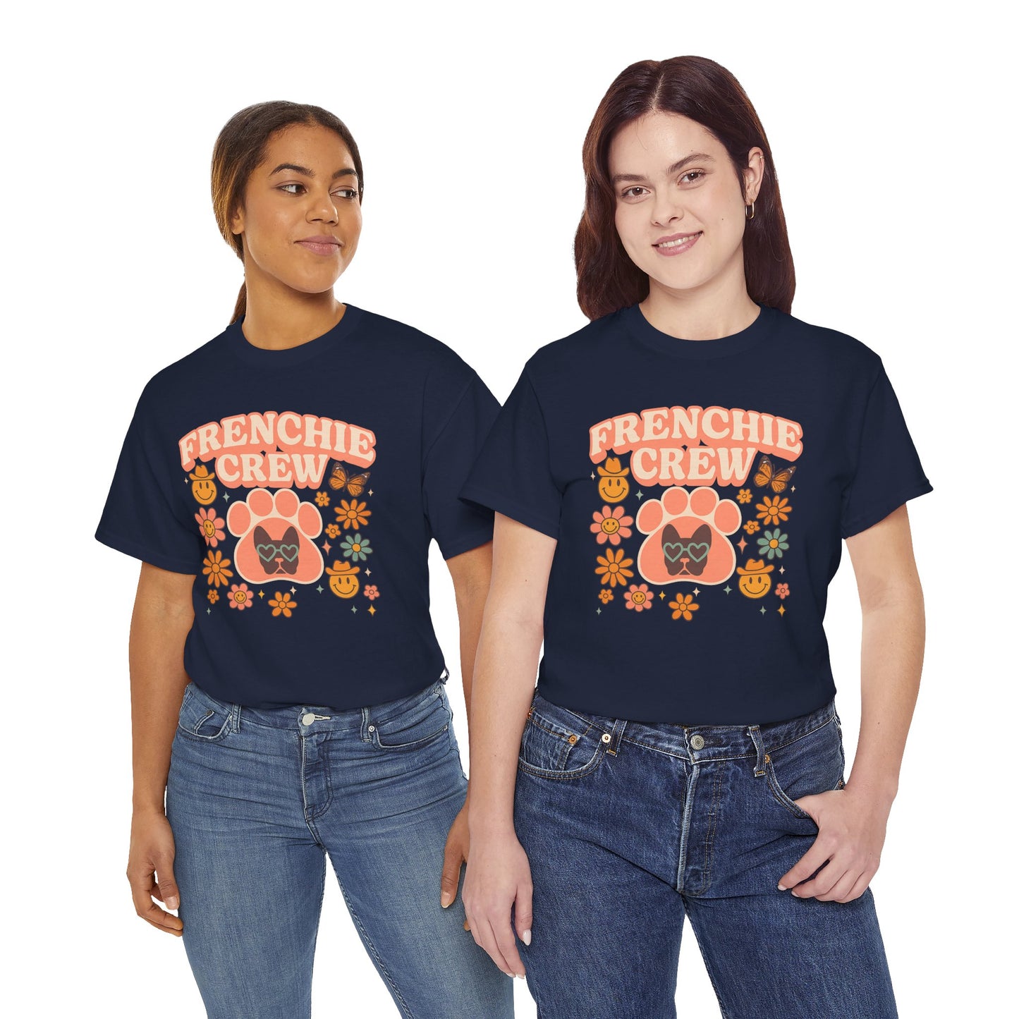 Frenchie Crew T-Shirt | Retro 70s Floral French Bulldog Tee | Groovy Dog Mom Shirt | Frenchie Lover Gift | Vintage Aesthetic Graphic Tee