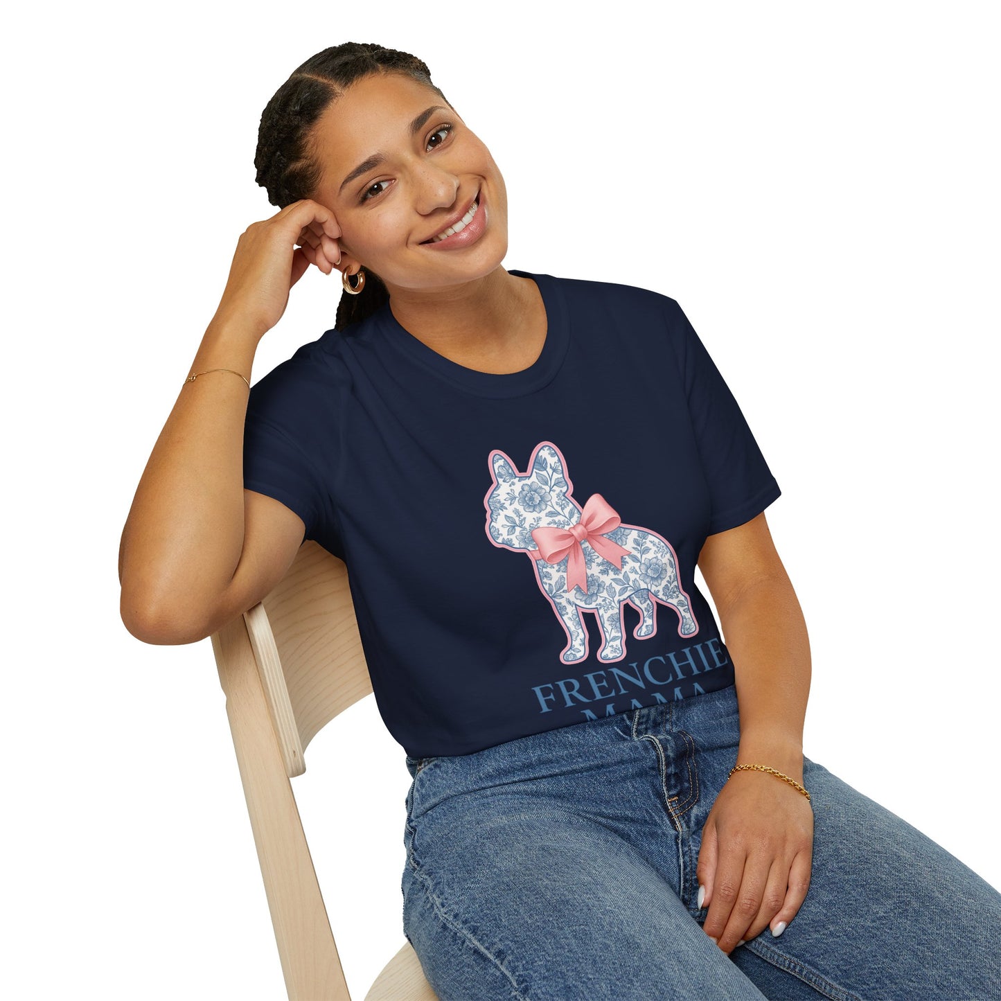 Frenchie Mama Shirt – Floral French Bulldog Silhouette Tee with Pink Bow, Dog Mom Gift, Cute Frenchie Lover T-Shirt, Pastel Dog Mom Apparel