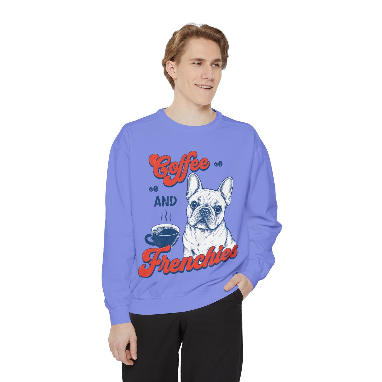 Coffee and Frenchies Sweatshirt, French Bulldog Coffee Crewneck, Frenchie Lover Pullover, Dog Mom Sweatshirt, Coffee Lover Gift, Cozy French Bulldog Sweatshirt