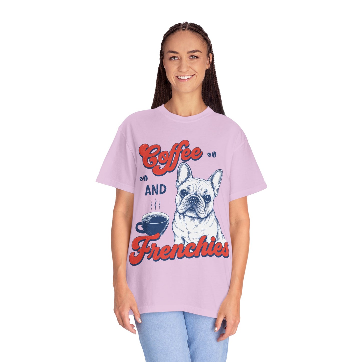 Coffee and Frenchies Shirt, French Bulldog Coffee Tee, Frenchie Lover T-Shirt, Dog Mom Coffee Shirt, Cute French Bulldog Graphic Tee, Coffee Lover Gift