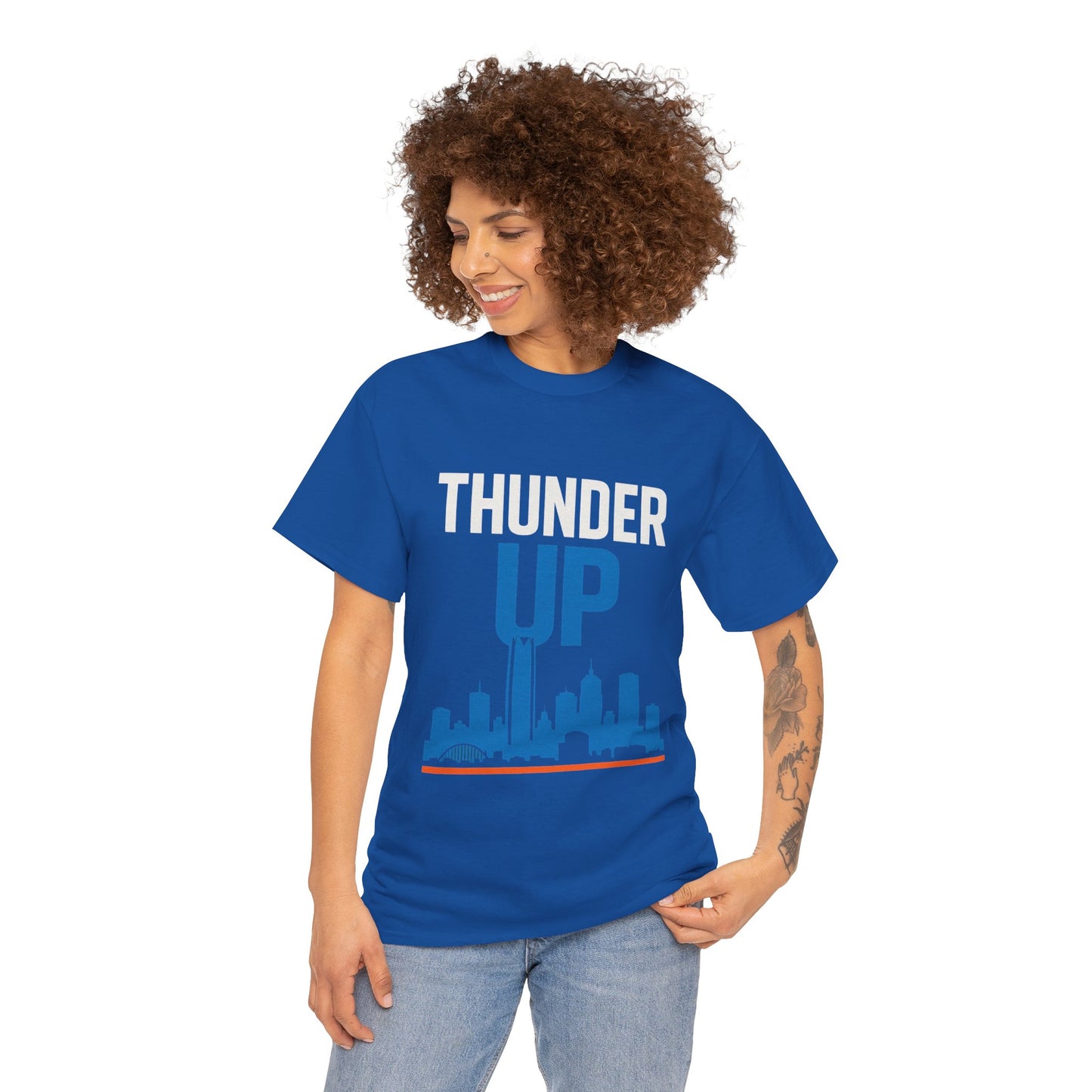Thunder Up Oklahoma City Skyline Shirt – OKC Basketball Fan Tee, Blue & Orange City Skyline Graphic, Oklahoma Hoops Spirit Wear, Game Day T-Shirt