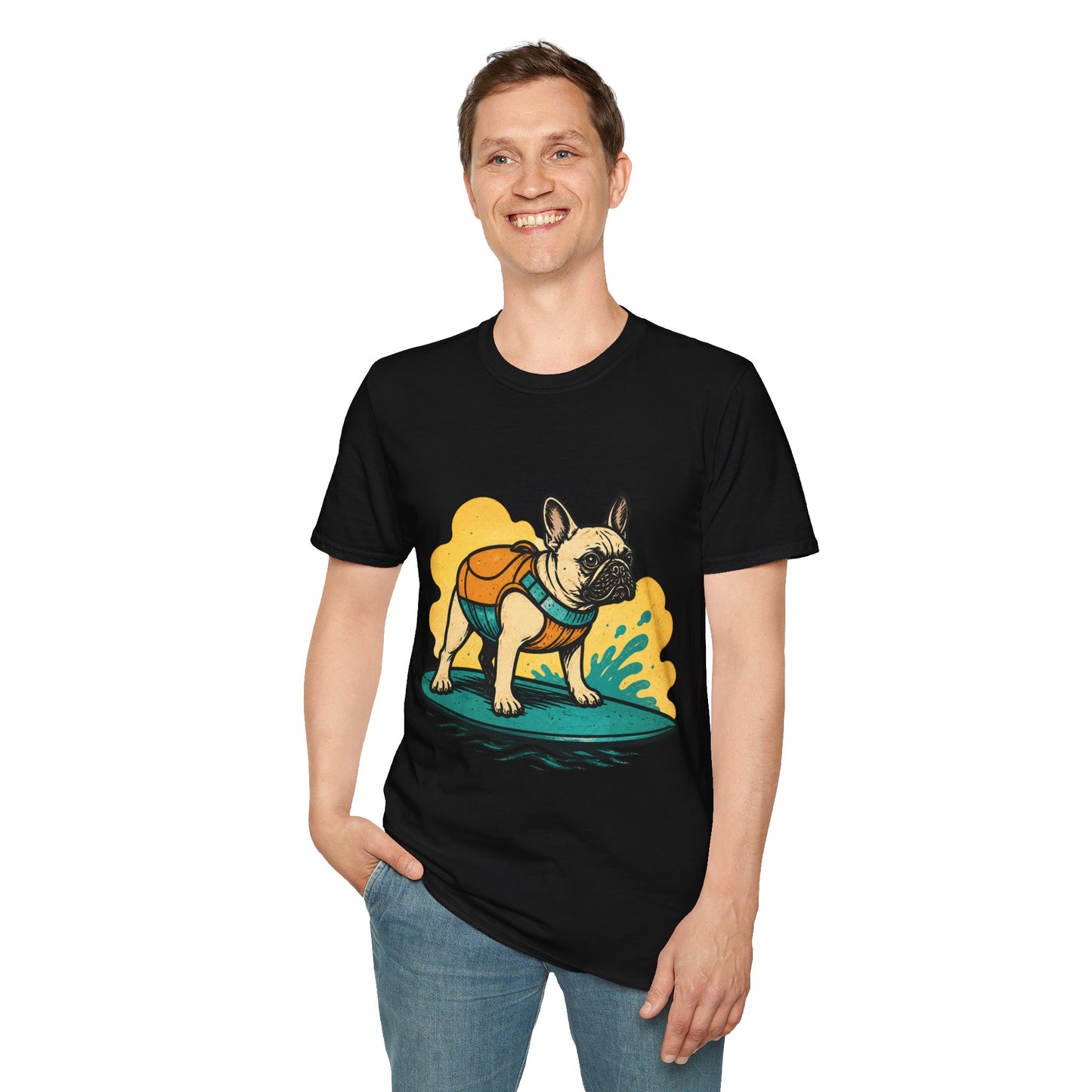 French Bulldog Surf T‑Shirt — Cute Dog with Backpack Beach Tee
