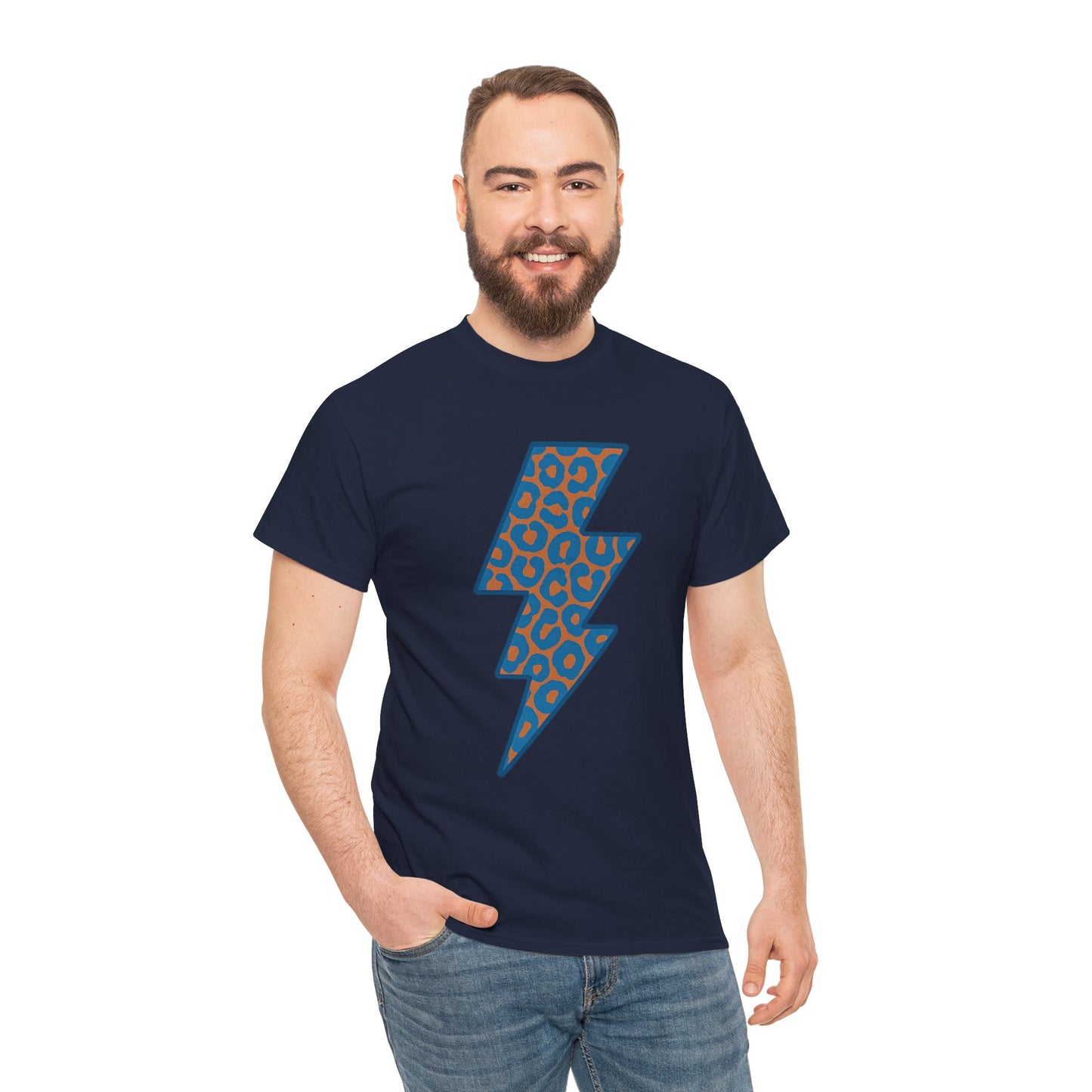 Blue Leopard Lightning Bolt T-Shirt | OKC Thunder Inspired Shirt | Orange & Blue Game Day Tee | Retro Lightning Graphic
