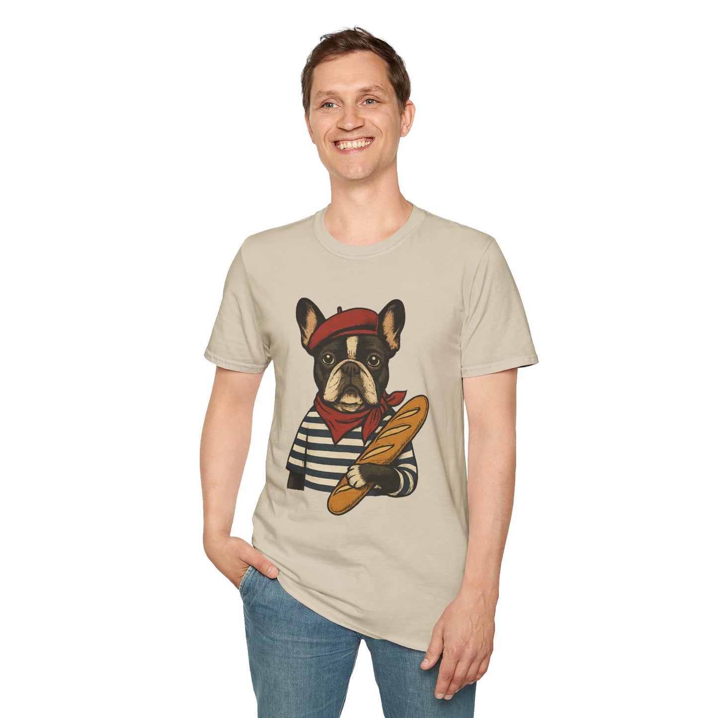French Bulldog Parisian T-Shirt – Cute Frenchie in Beret & Stripes with Baguette – Funny Dog Lover Tee, French Style Dog Shirt, Gift for Frenchie Moms