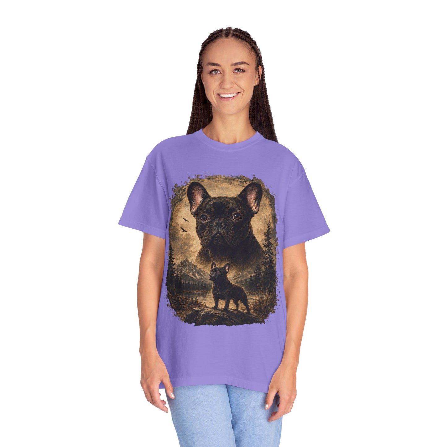 Black French Bulldog Shirt, Vintage Frenchie Nature Tee, Rustic French Bulldog Shirt, Dog Lover Gift, Frenchie Mountain Landscape Tee, Outdoors Dog Shirt, French Bulldog Art