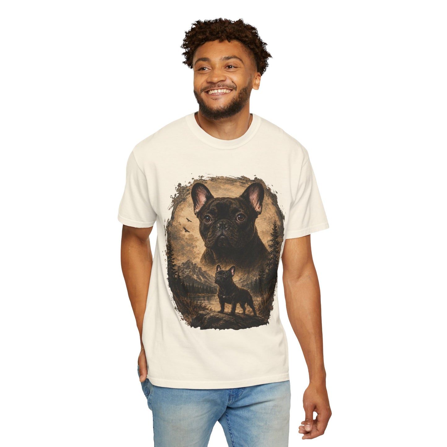 Black French Bulldog Shirt, Vintage Frenchie Nature Tee, Rustic French Bulldog Shirt, Dog Lover Gift, Frenchie Mountain Landscape Tee, Outdoors Dog Shirt, French Bulldog Art