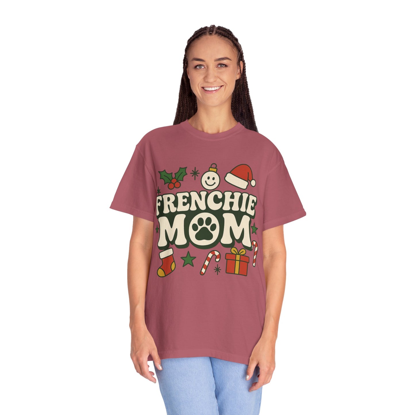 Merry Frenchie Mom T-Shirt | Christmas Dog Mom Tee | Festive French Bulldog Top | Cute Holiday Dog Lover Gift Shirt