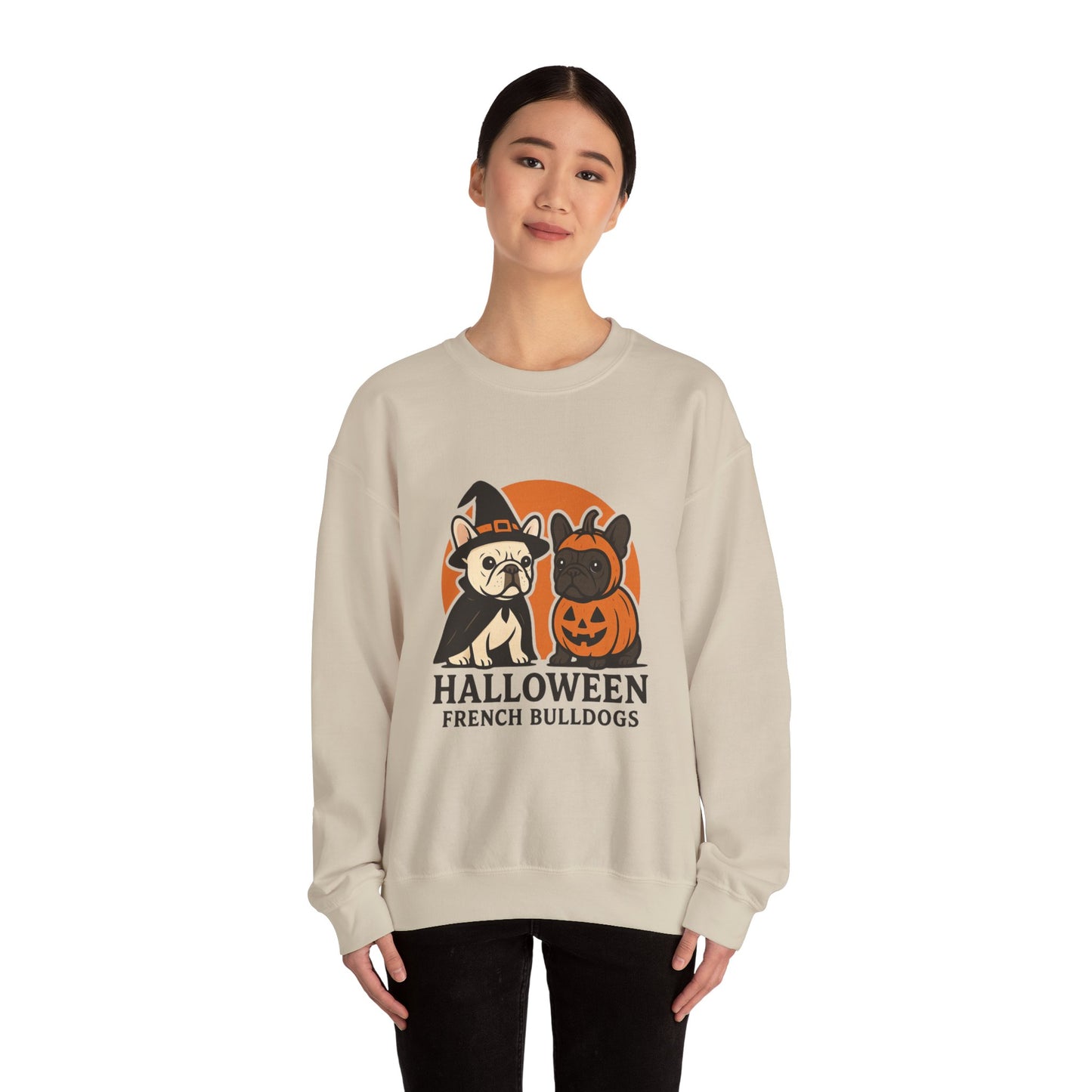 Halloween French Bulldogs Pullover | Cute Pumpkin & Witch Frenchie Sweatshirt | Spooky Fall Dog Lover Gift | Unisex Cozy Halloween Sweater