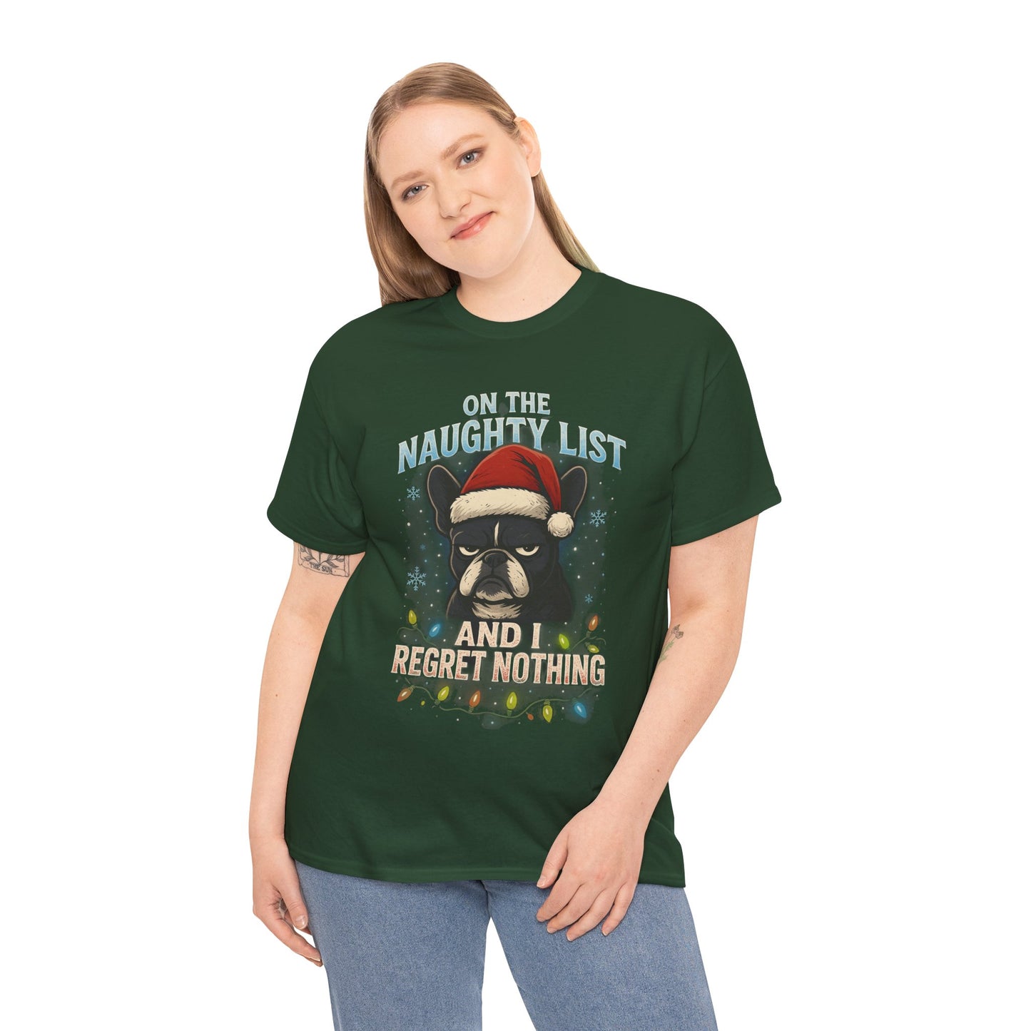 On The Naughty List Frenchie Christmas Shirt | Funny Holiday Dog Lover Tee | Grumpy French Bulldog Xmas Lights T-Shirt | Cute Pet Gift