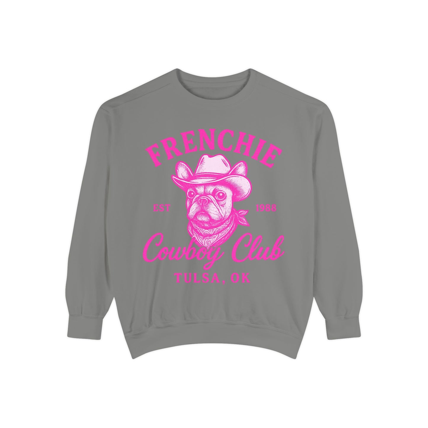 Frenchie Cowboy Club Sweatshirt | Western French Bulldog Pullover | Retro Country Dog Lover Crewneck | Tulsa Oklahoma Cowboy Graphic Sweater