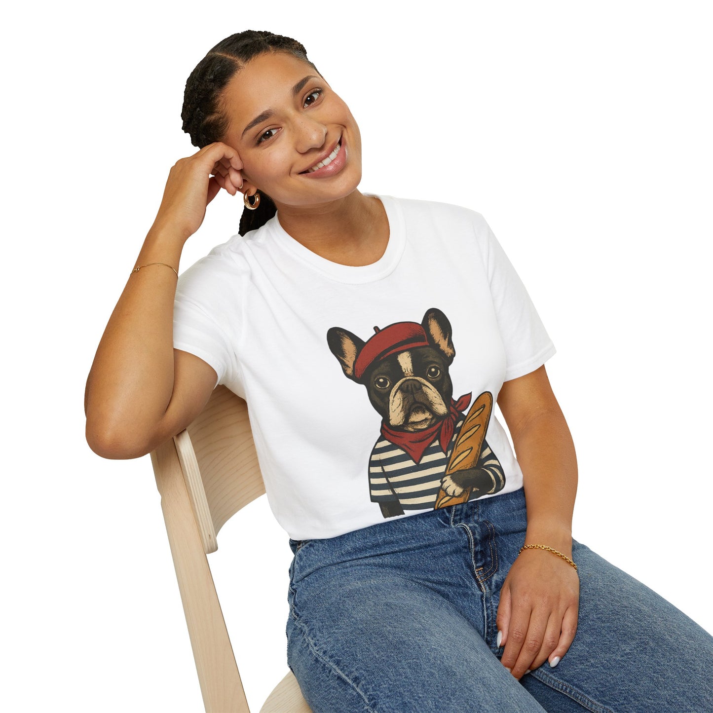 French Bulldog Parisian T-Shirt – Cute Frenchie in Beret & Stripes with Baguette – Funny Dog Lover Tee, French Style Dog Shirt, Gift for Frenchie Moms
