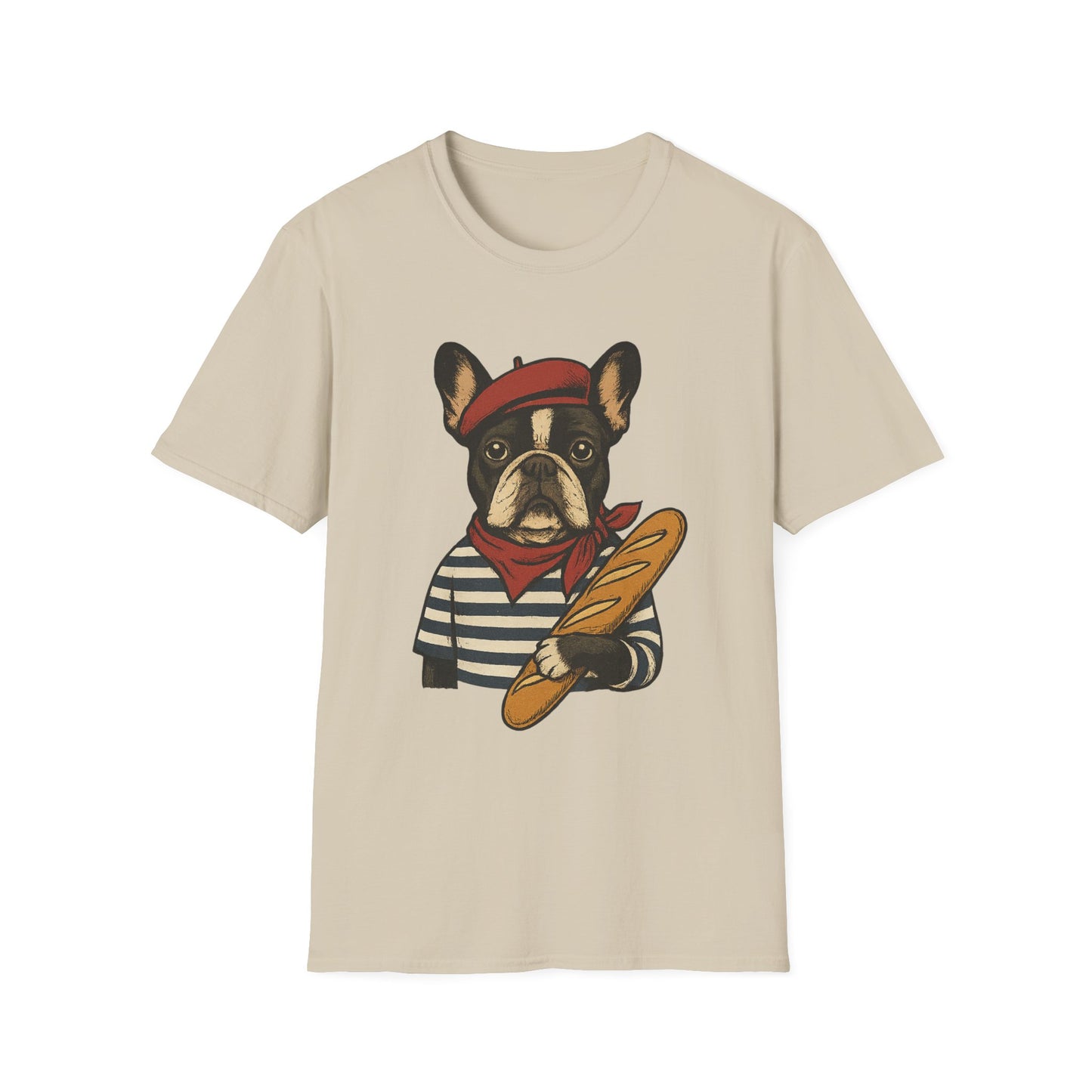 French Bulldog Parisian T-Shirt – Cute Frenchie in Beret & Stripes with Baguette – Funny Dog Lover Tee, French Style Dog Shirt, Gift for Frenchie Moms