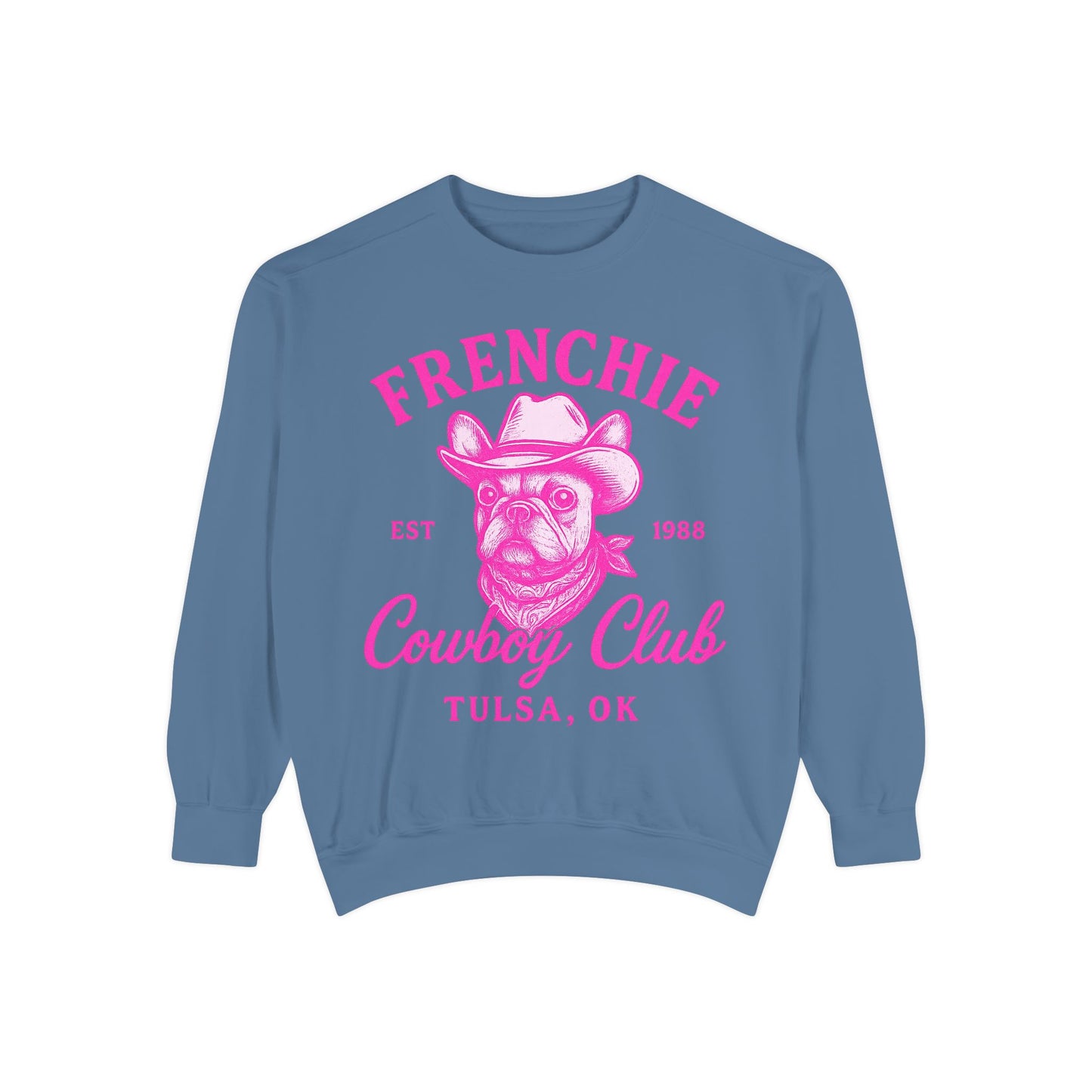 Frenchie Cowboy Club Sweatshirt | Western French Bulldog Pullover | Retro Country Dog Lover Crewneck | Tulsa Oklahoma Cowboy Graphic Sweater