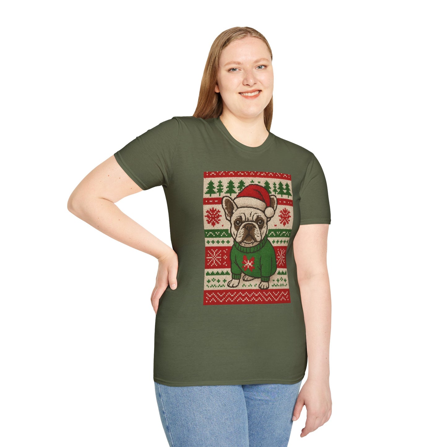 Frenchie Christmas T-Shirt – Cute French Bulldog Ugly Sweater Style Tee, Holiday Dog Lover Shirt, Funny Christmas Frenchie Gift