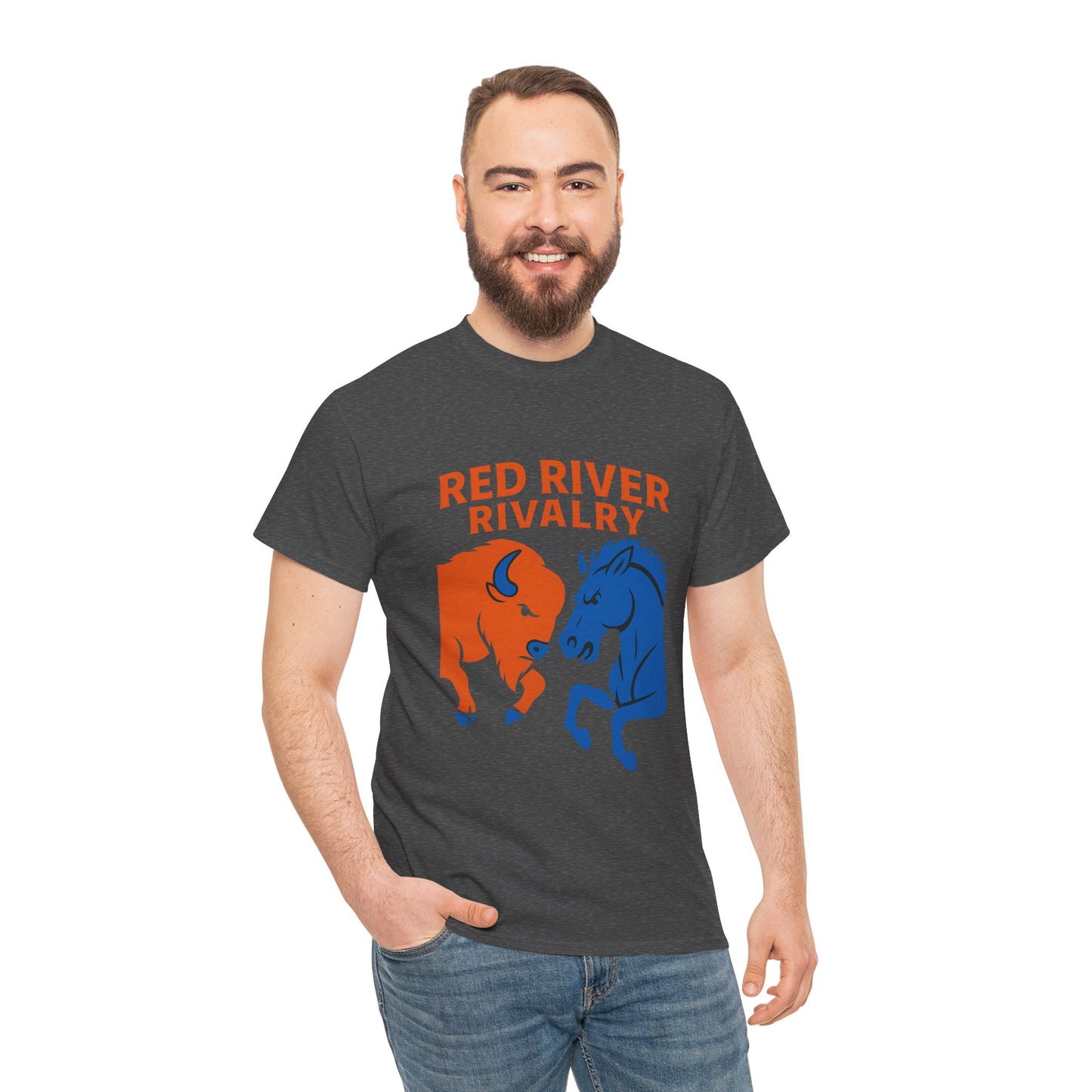 Red River Rivalry T-Shirt – Oklahoma vs Texas-Inspired Tee, Bison and Mustang Game Day Shirt, Blue and Orange Sports Rivalry Graphic