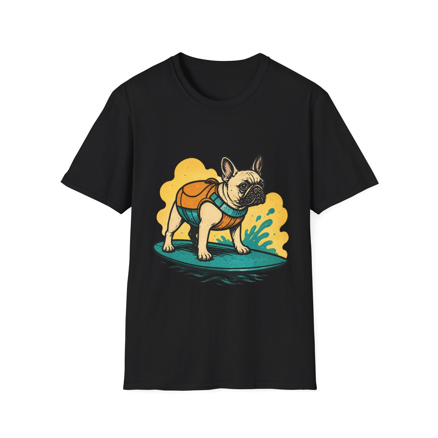 French Bulldog Surf T‑Shirt — Cute Dog with Backpack Beach Tee