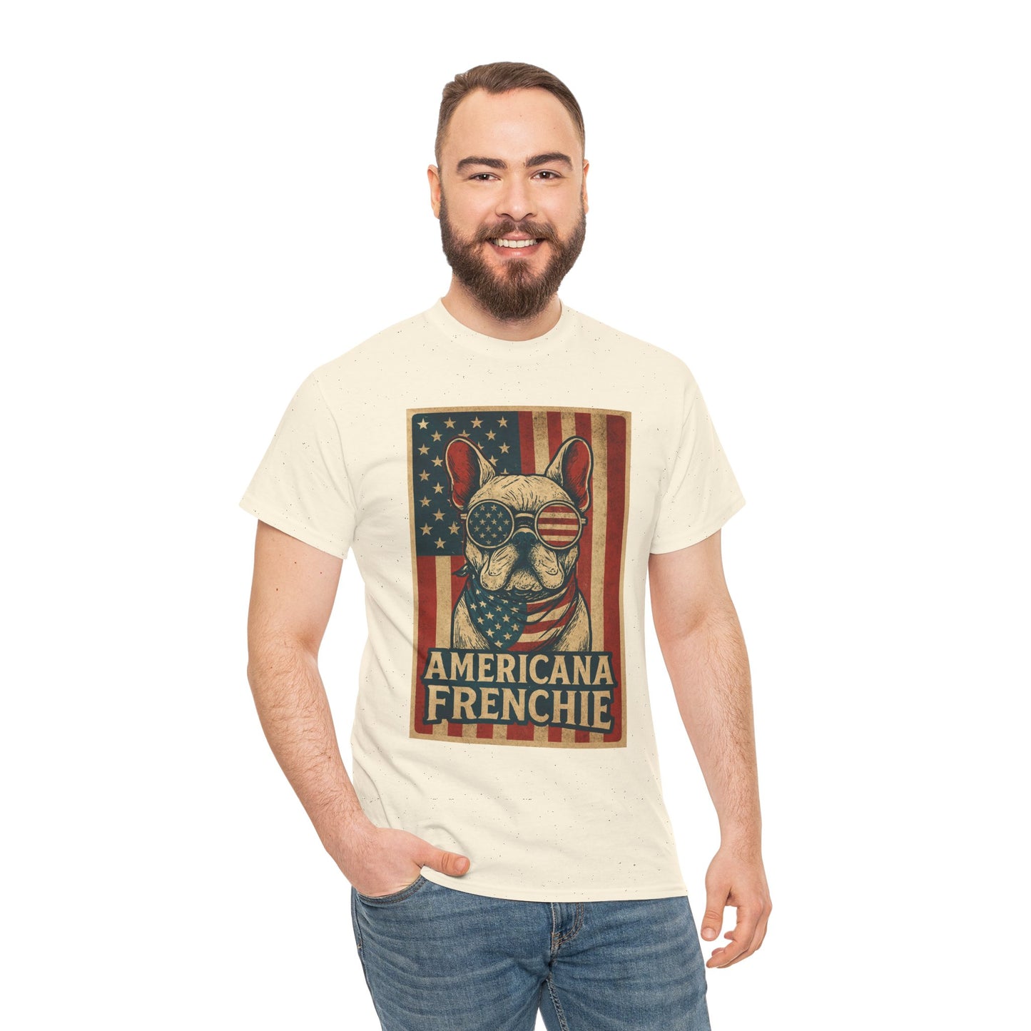 Americana Frenchie T-Shirt – Patriotic French Bulldog Tee, USA Flag Dog Shirt, 4th of July Frenchie Gift, Vintage Retro Style