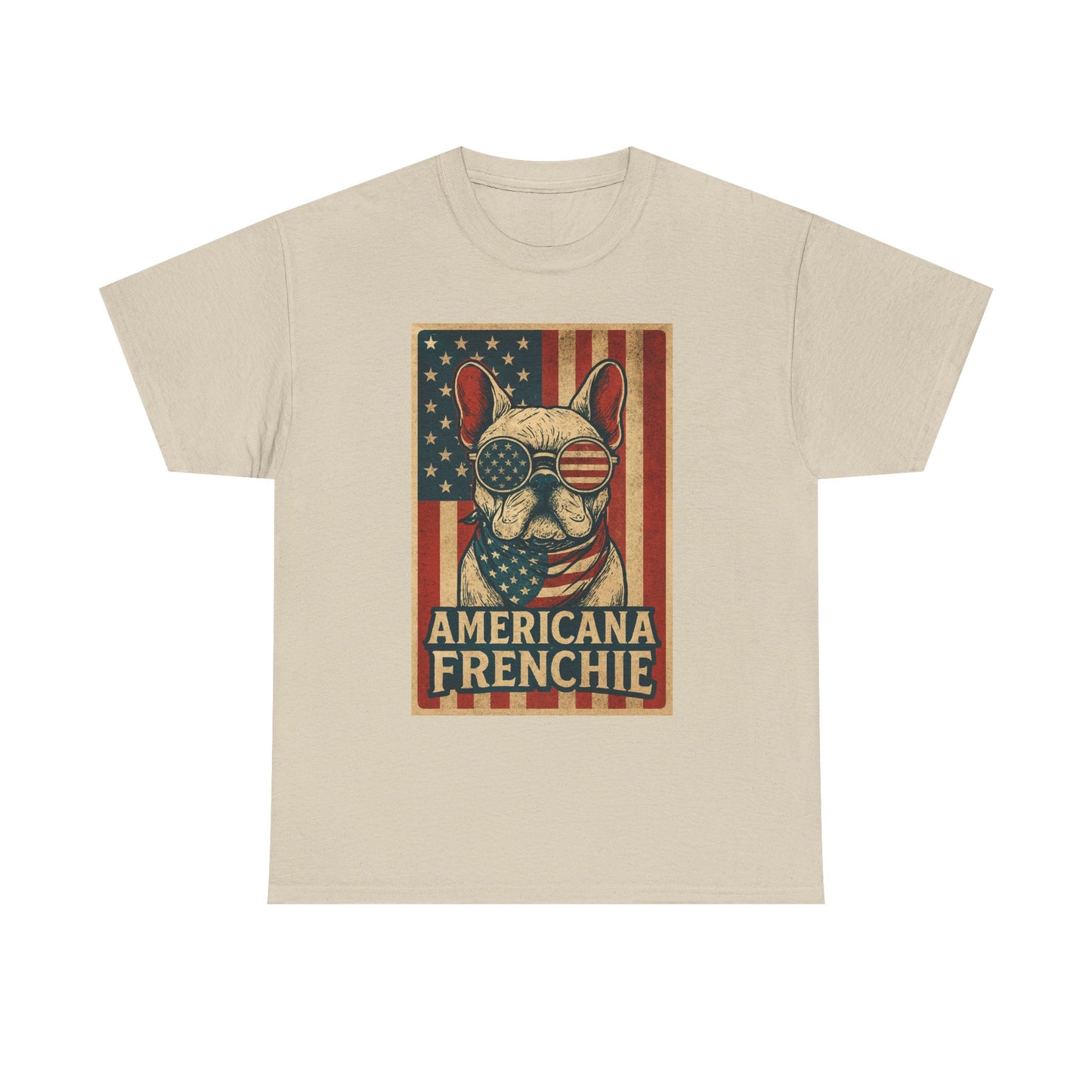 Americana Frenchie T-Shirt – Patriotic French Bulldog Tee, USA Flag Dog Shirt, 4th of July Frenchie Gift, Vintage Retro Style