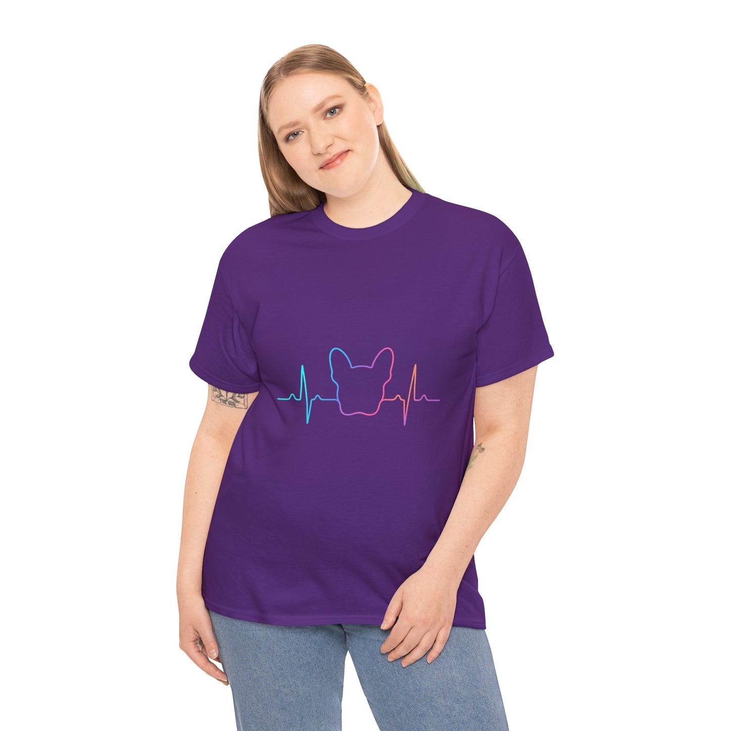Rainbow Frenchie Heartbeat T-Shirt – Minimalist French Bulldog Line Art Tee, Neon Dog Lover Gift, Pet Mom or Dad Shirt